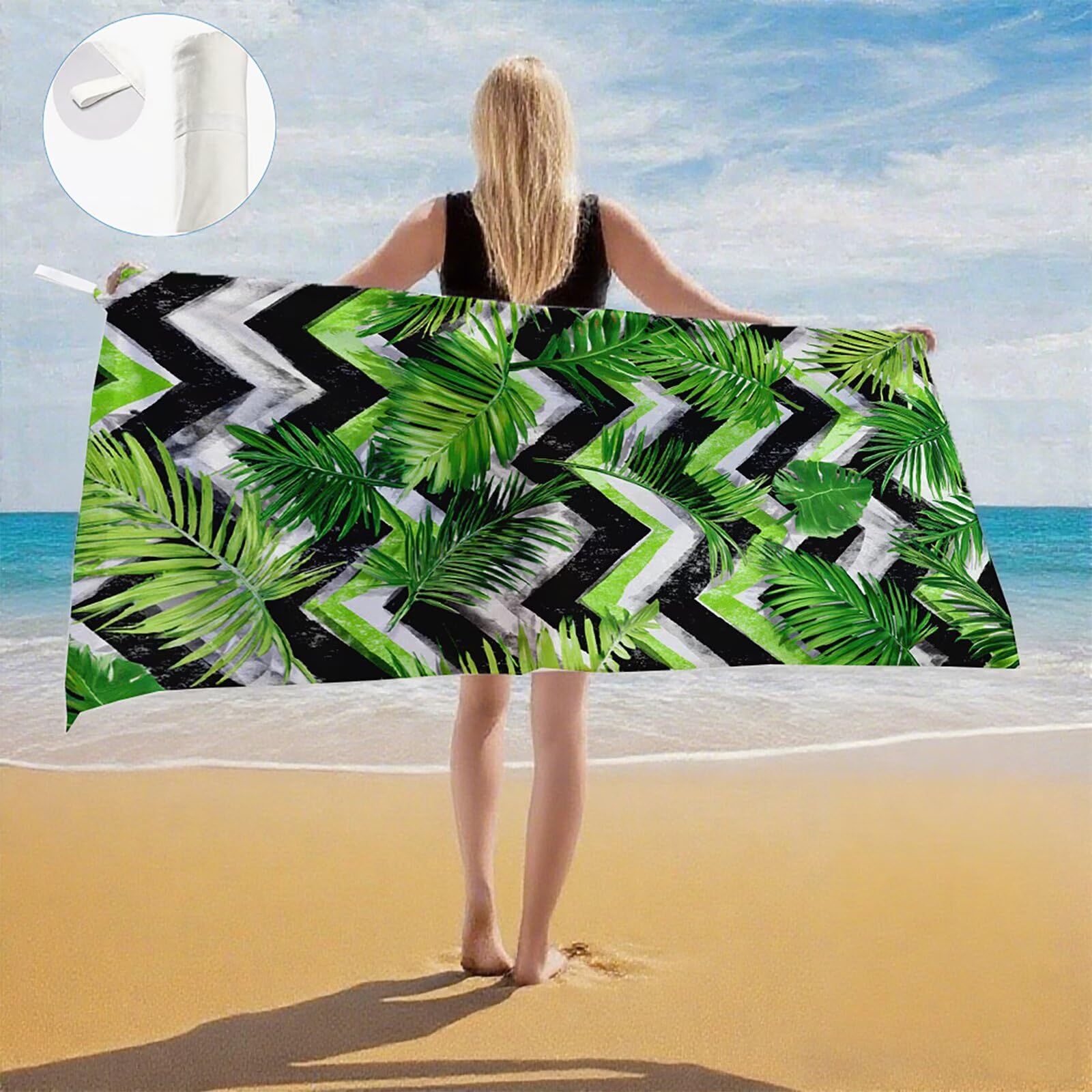 Serviette Plage Bande Motif, Serviette de Plage XXL 90x180 cm avec Sac, Serviettes de Bain Microfibre Séchage Rapide Anti-Sable Absorbante Fonction pour Bain, Sport, Voyages, Sauna, Piscine Q-748