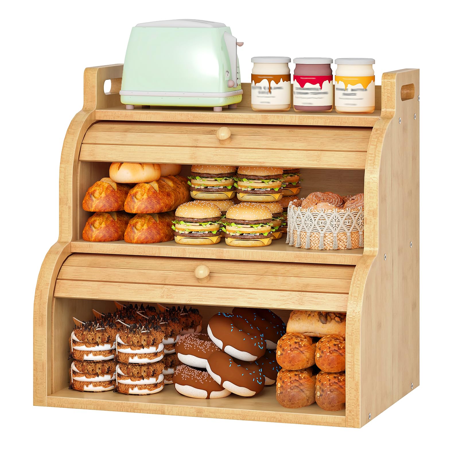 HOOBRO 2-stöckiger Brotkasten aus Bambus mit Rolldeckel, Brotkorb, Brotbox, Brotbehälter mit Griffen, Brotaufbewahrung für Küche und Esszimmer, Natur EYL15MB01