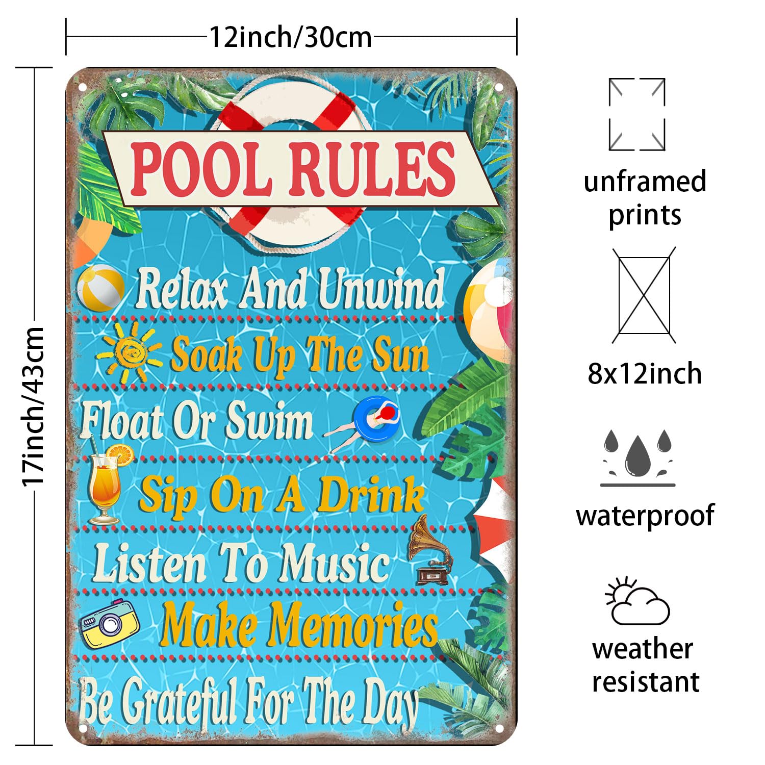 Pool Rules Schild Aus Metall – 30,5x20,3 Cm, Vintage Design, Für Terrasse & Garten