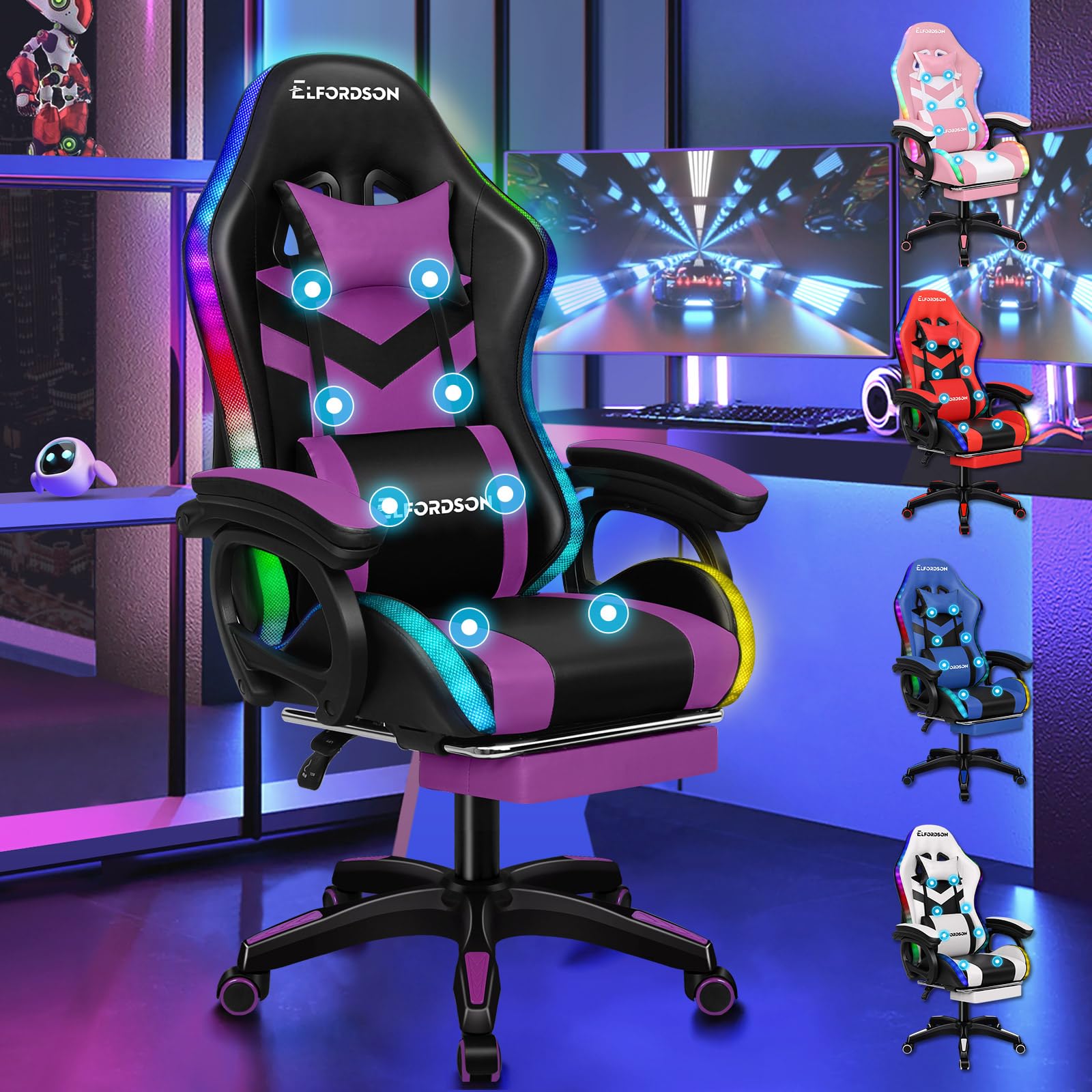 ELFORDSON Massage Gaming Chair with LED, Ergonomic Home Office Chairs with Head & Lumbar Cushion, Computer Video Gamers Chair with Armrests Footrest, PU Leather, 150° Reclining, Purple & Black