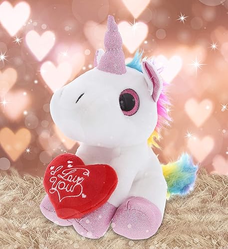 Miniatura 4 de DolliBu I Love You - Unicornio blanco de peluche con ojos brillantes de San Valentín, lindo animal de peluche suave con corazón rojo, regalo para el