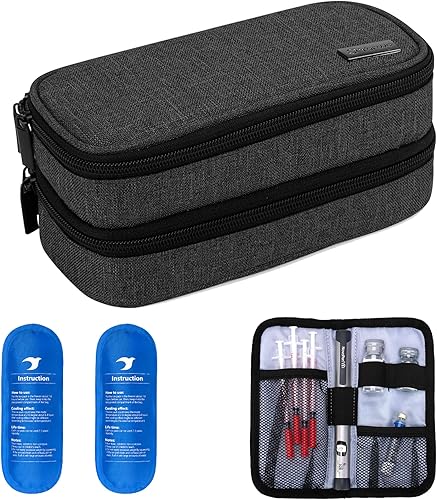 Yarwo Estuche de viaje enfriador de insulina, funda de viaje para diabéticos de doble capa con 2 paquetes de hielo, organizador de suministros para