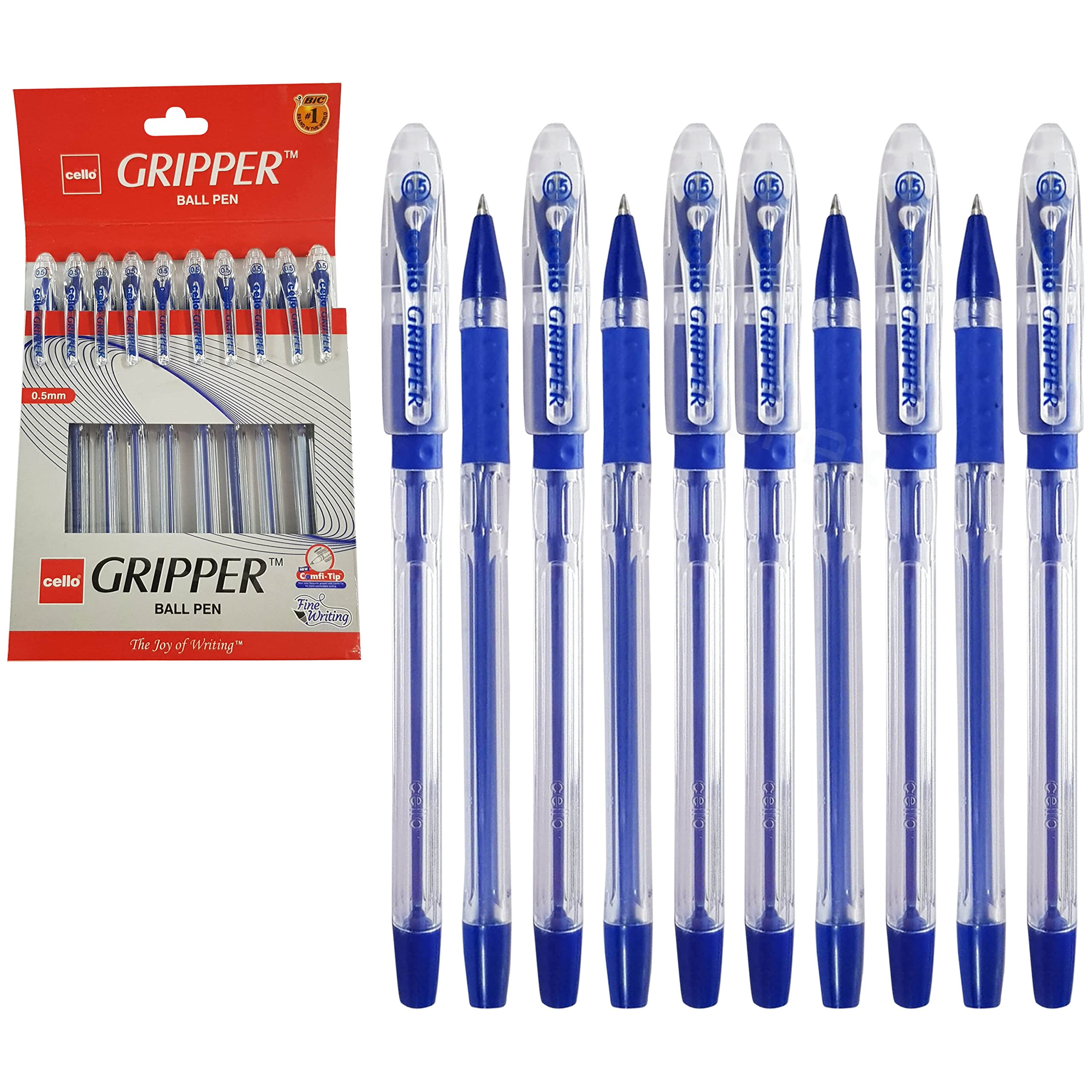 Gripper Ballpoint Pens, BLUE, Fine Point (0.5mm), Pack of 10, Elasto Soft Grip, Smooth Writing