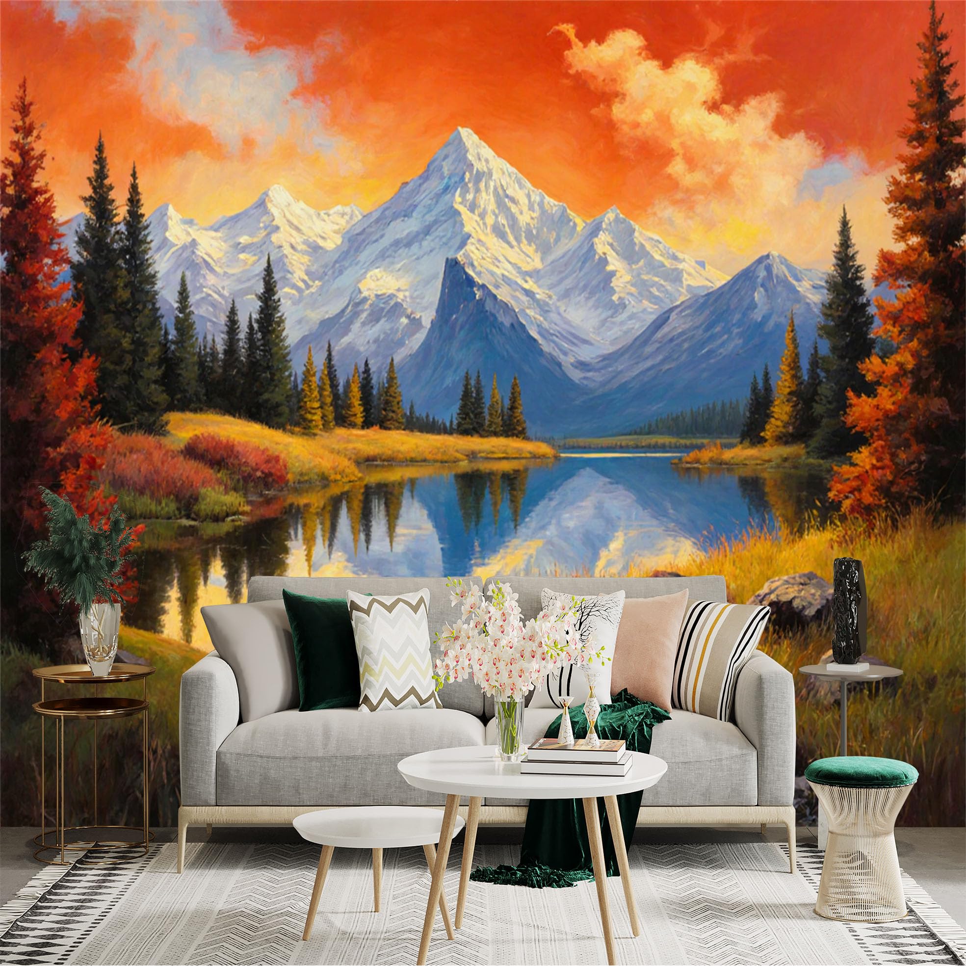 Lnzczhyre Xc260505504 Custom Size Wall Sticker Mural， Majestic Snowy Mountain Peaks， Vibrant Sunset Sky， Serene Lakeside Reflection， Autumn Pine Forest Scenery， For Wall Decoration， Peelandstick Wall Decals.
