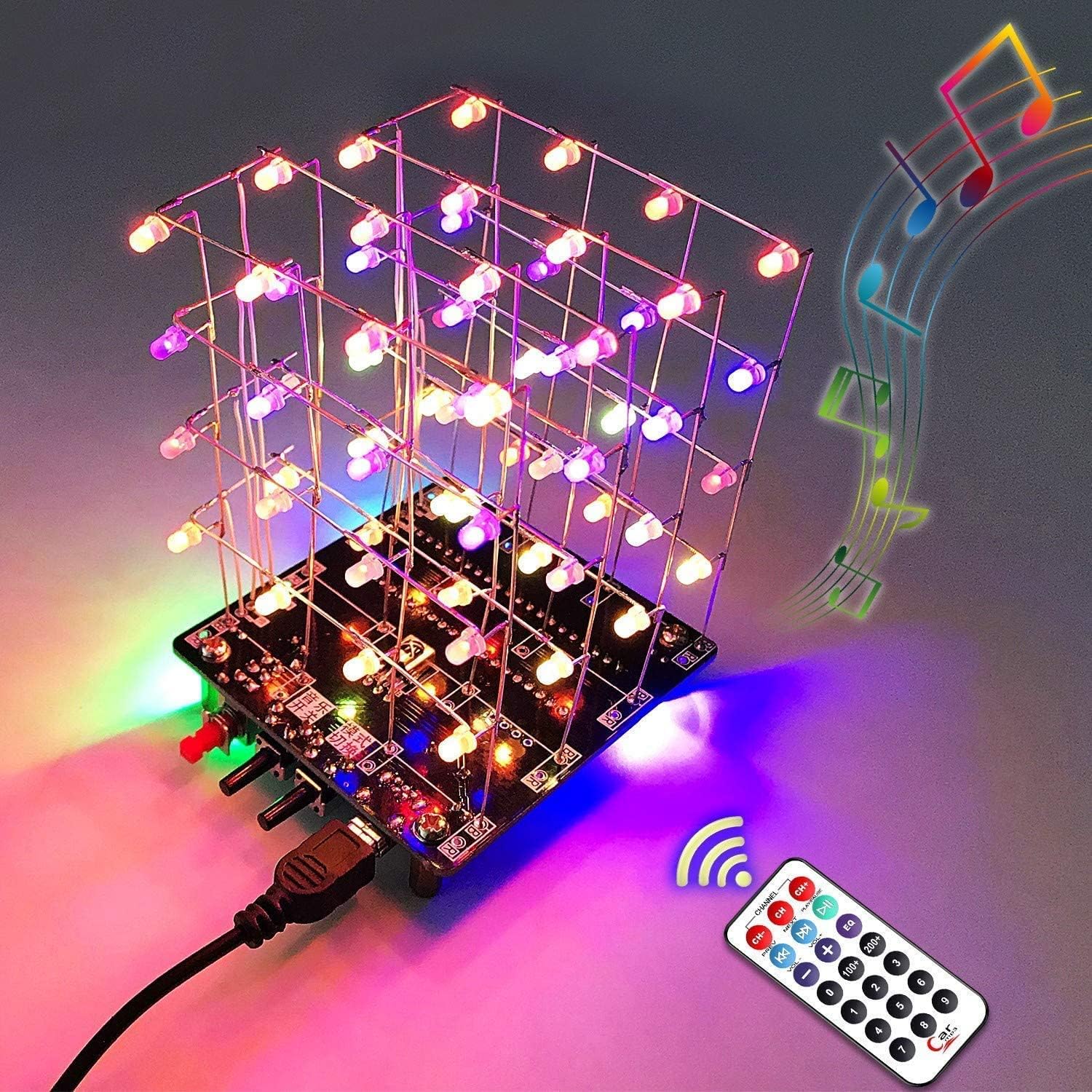 PEMENOL RGB LED 51 MCU Electronic DIY Soldering kit for Soldering Practice, USB Charging Colorful Musical 3D Animation Light Cube Ornament with Remote Control for Christmas Day STEM Education