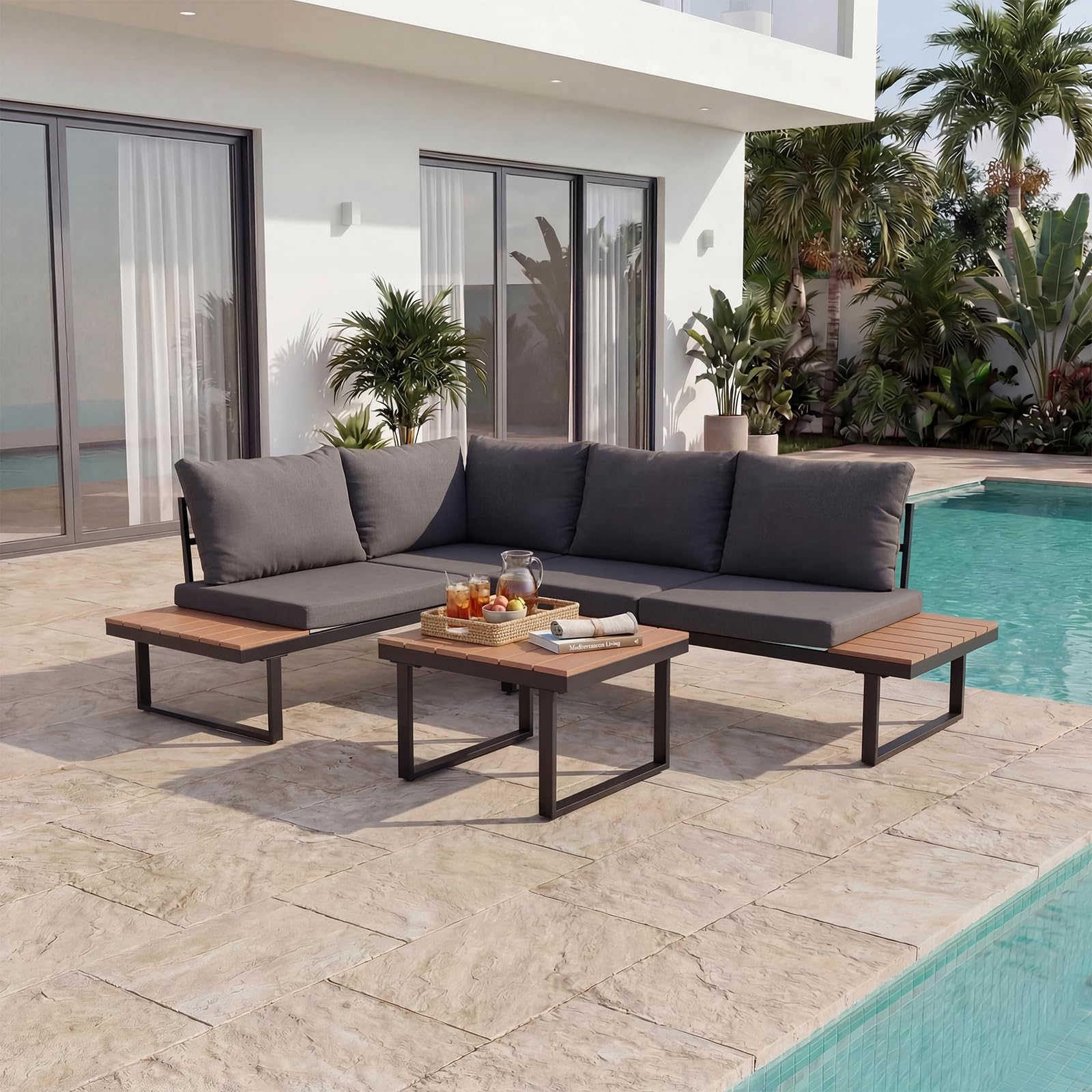 Gartenlounge Set 4 Personen, Loungemöbel Outdoor mit Tisch & Abdeckung, Gartensofa Sitzgruppe Wetterfest, Balkonmöbel für Garten & Terrasse