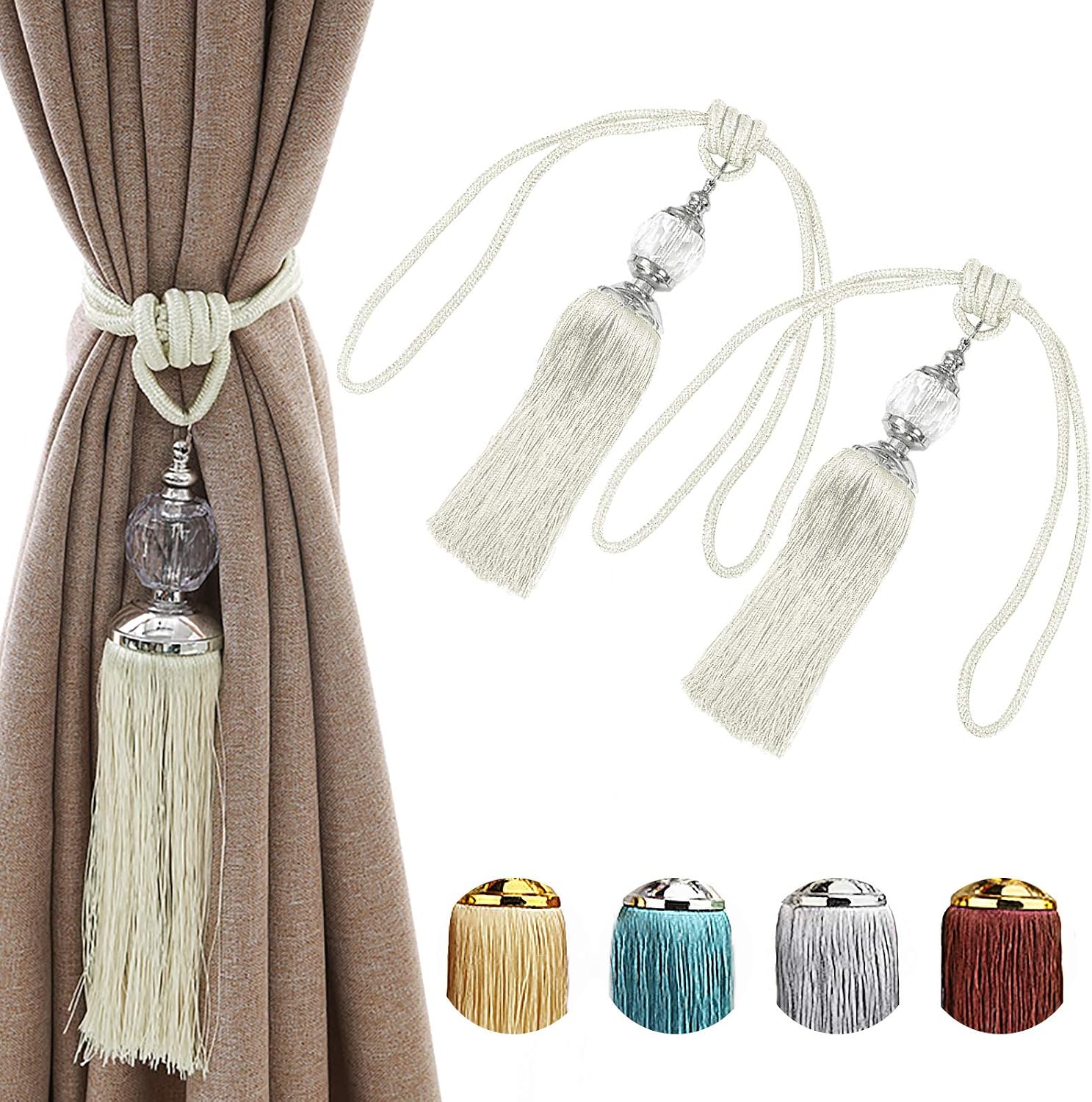 Curtain Tiebacks Tassel Tie Backs Curtain Drapery Holdbacks Crystal Decorative Holdback Home Decoration Curtain Tiebacks Hooks Bead Ball Curtains Holders Hand-Wove Tieback Hooks Beige White 2 Pack