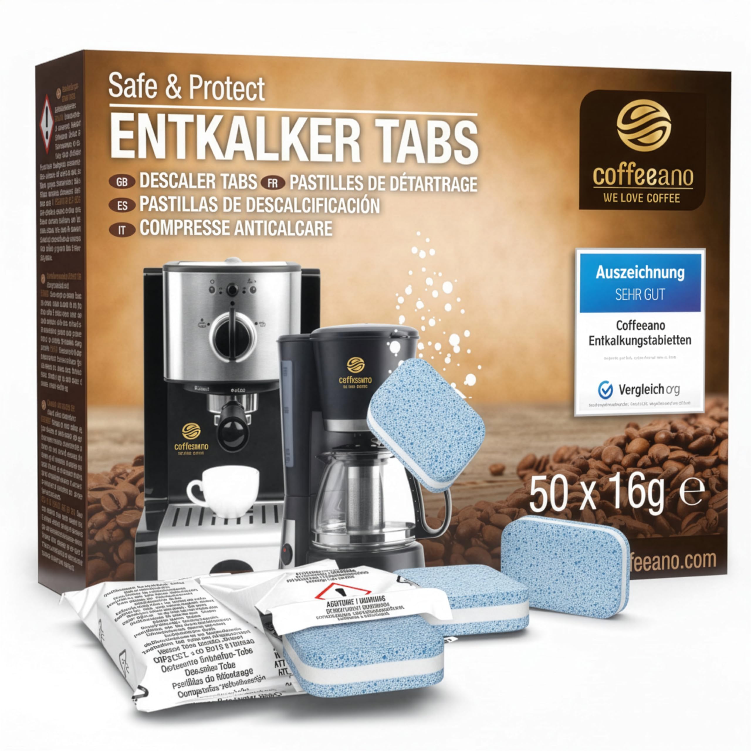 50x 2in1 Entkalkungstabletten für Kaffeevollautomaten und Kaffeemaschinen. 2in1 Entkalkungs-Tabs für Siemens, EQ-Serie, Jura, Delonghi, Krups, Bosch, Miele, WMF uvm. von Coffeeano.