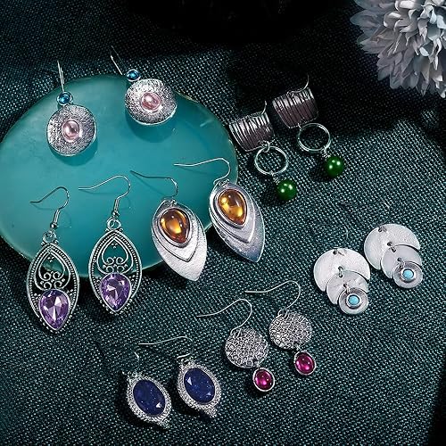 Miniatura 2 de Juego de 12 pares de aretes colgantes vintage de cristal turquesa para mujer, aretes de aro con circonita cúbica, aretes de aro para regalo de