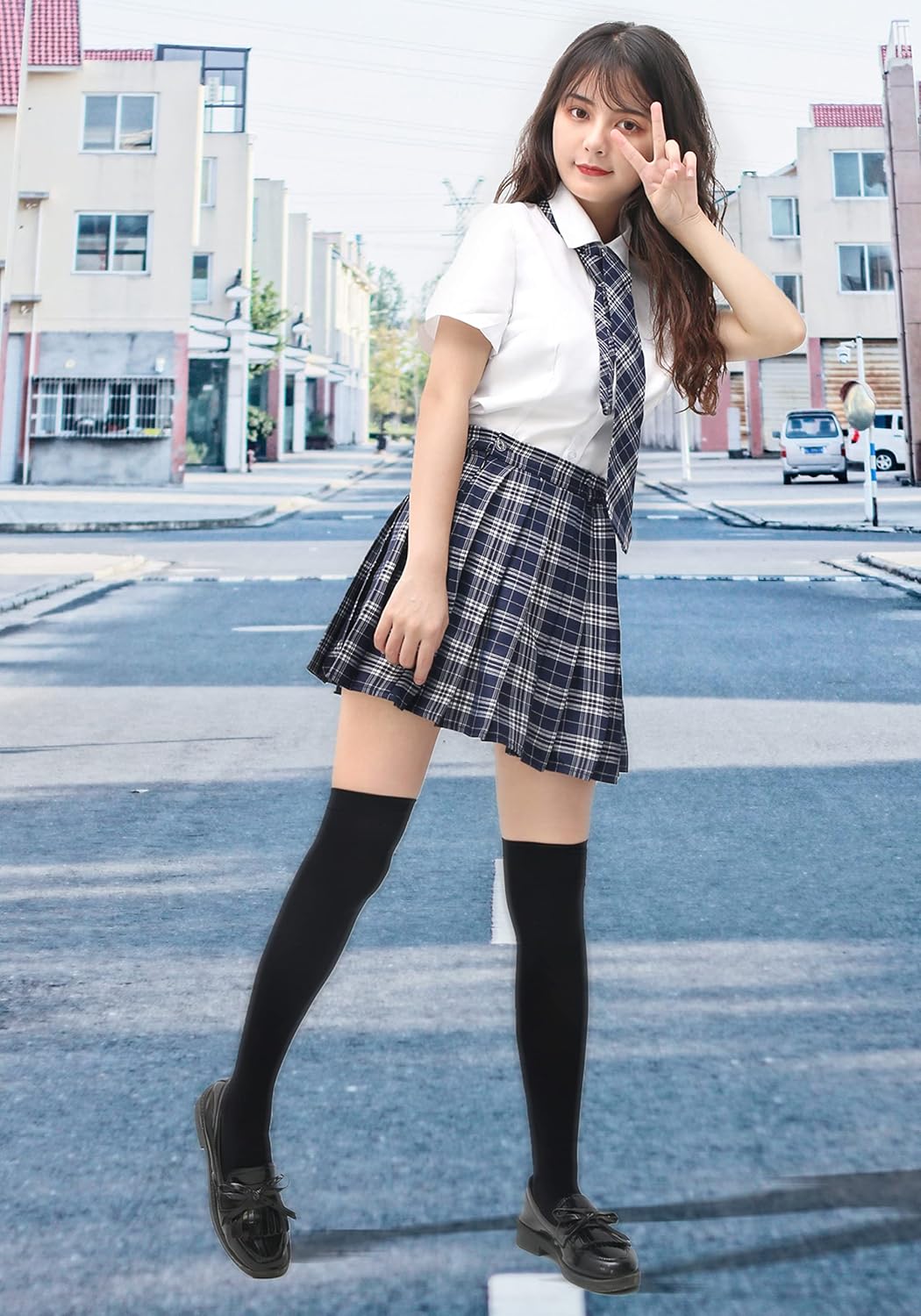 PROCOS Women Japanese Uniform Outfit US Size Costume with Plaid Bow Tie Socks 5 PCS - Image 8