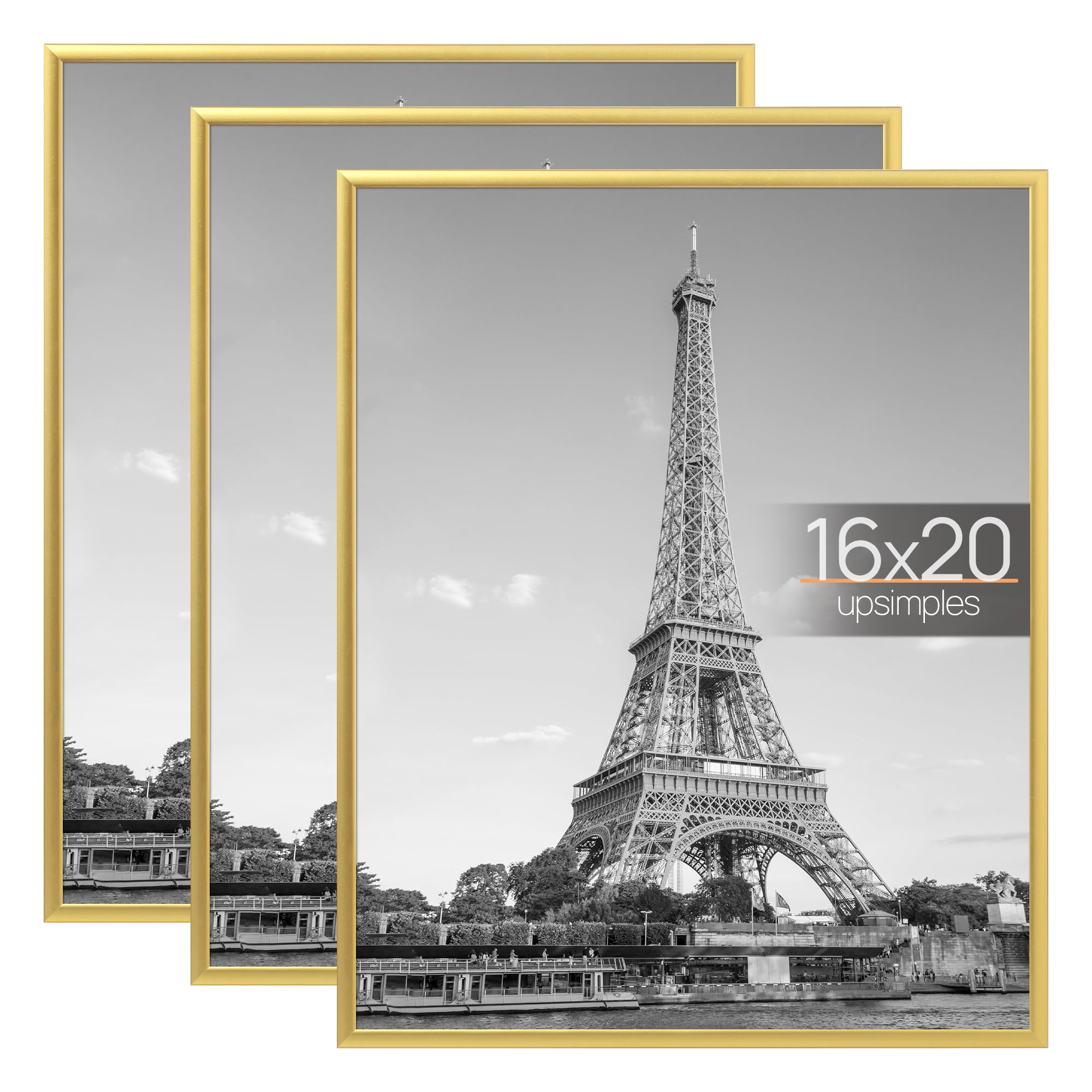 upsimples 16x20 Picture Frame Gold 3 Pack, Scratch-Proof Poster Frames 16 x 20 for Photo Gallery - Slide-In Strips, Horizontal or Vertical Wall Mounting
