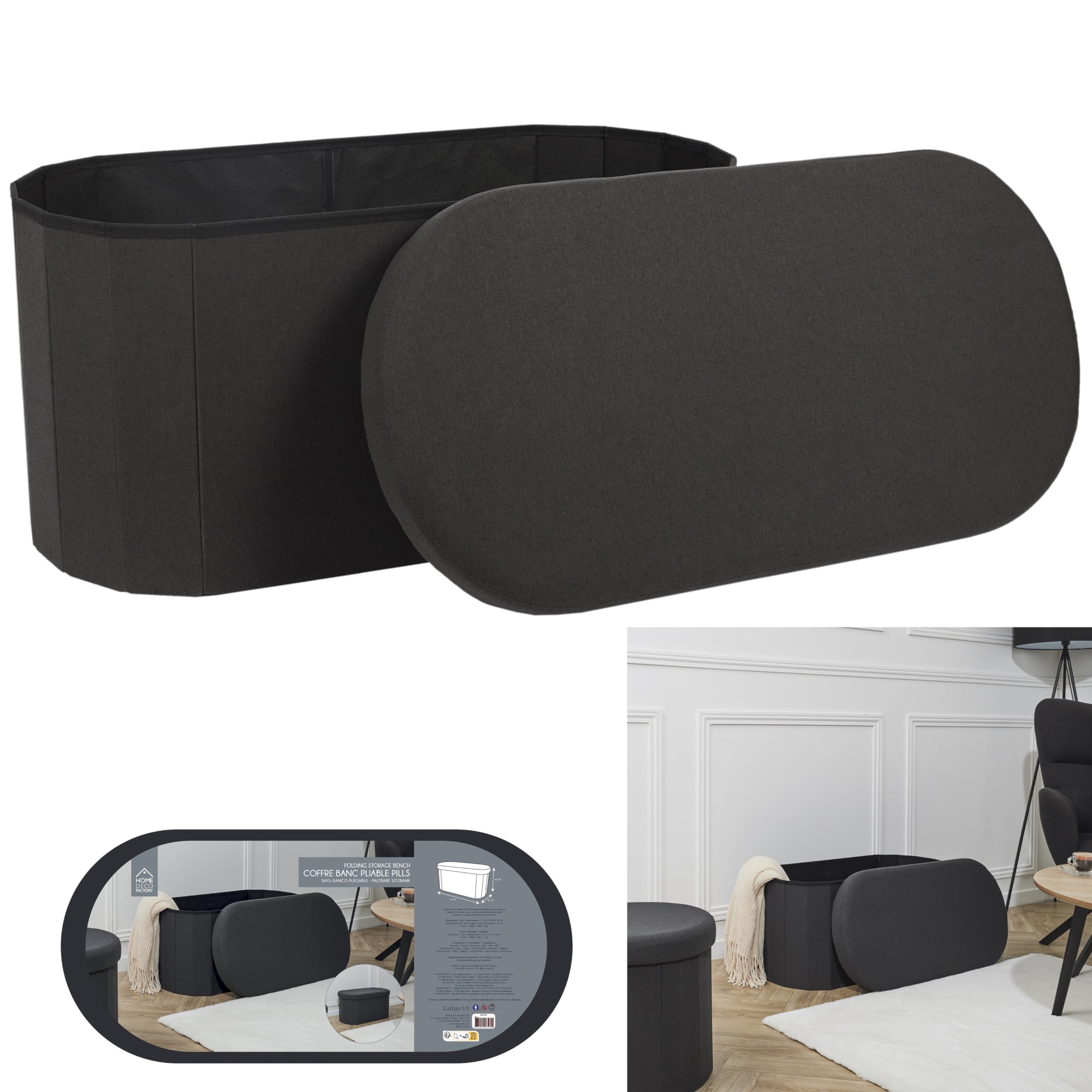 HOME DECO FACTORY - HD0194, Baúl Banco Plegable Negro, Modelo Pills M2, Mobiliario, Asiento, Baúl y Banco Plegable, 76x38x38 cm, Altura Asiento 38 cm, Negro