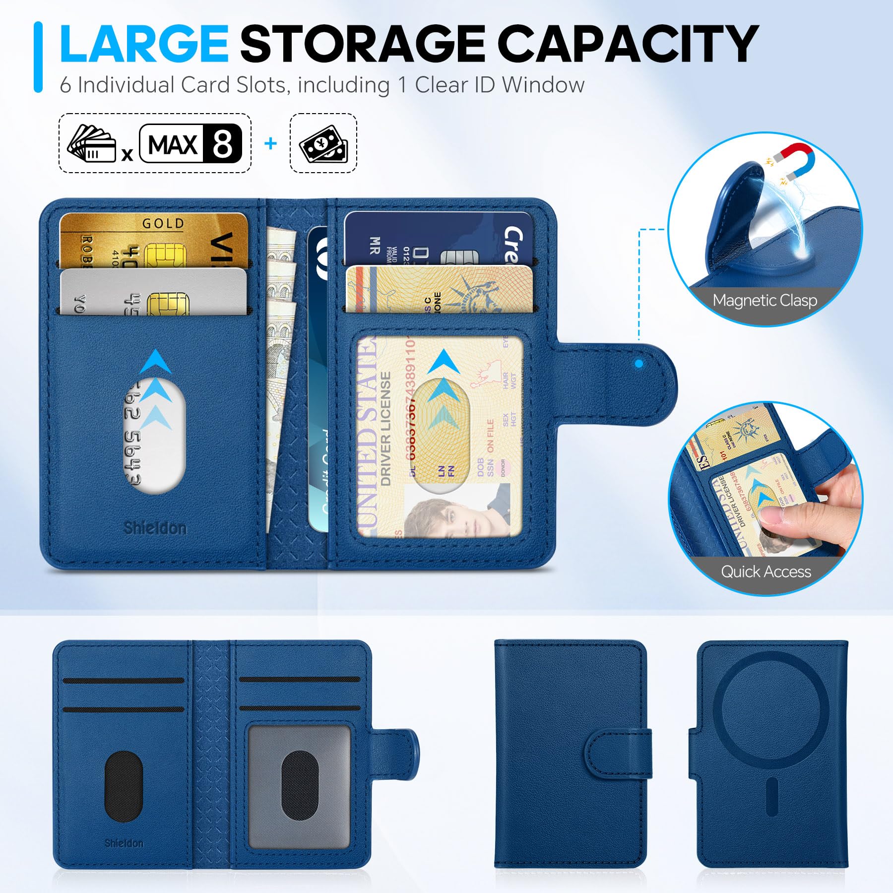 Shieldon Titulaire de la Carte en Cuir Véritable, Porte-Cartes Adhésifs, Portefeuille Magnétique Amovible pour iPhone 17/16/15/14/13/12 – Nappa Bleu Royal