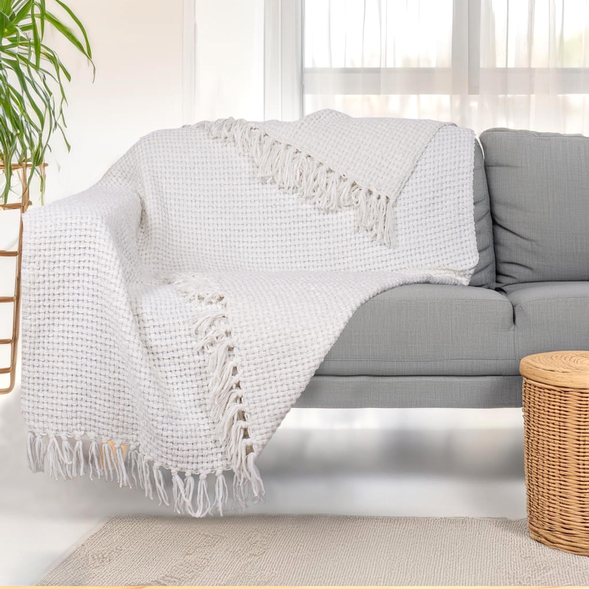The Furnishers Reversible Premium Acrylic Basket Throw Blanket 50X60 Inch | Woven Throw For Living Room, Bedroom, Sofa, Couch, Bed & Chair - Pearl White, Size 150X125 Cm, 350 tc (B097L4SG25) Amazon Price History, Amazon Price Tracker