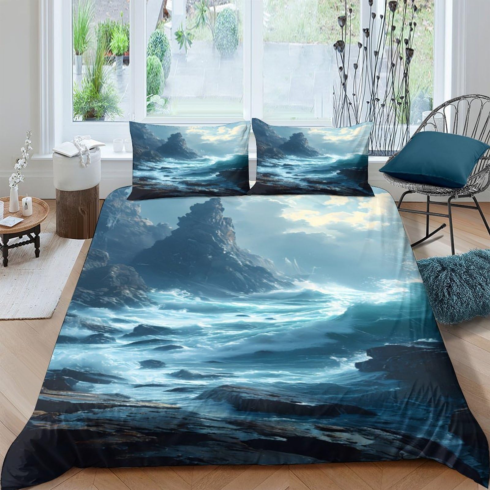 GPLZQXKJNH 3D Printed Ocean Wave Duvet Cover Set Microfiber Soft Breathable Mountain Seascape Bedding with 2 Pillowcases for Bedroom Decor Single（135x200cm）