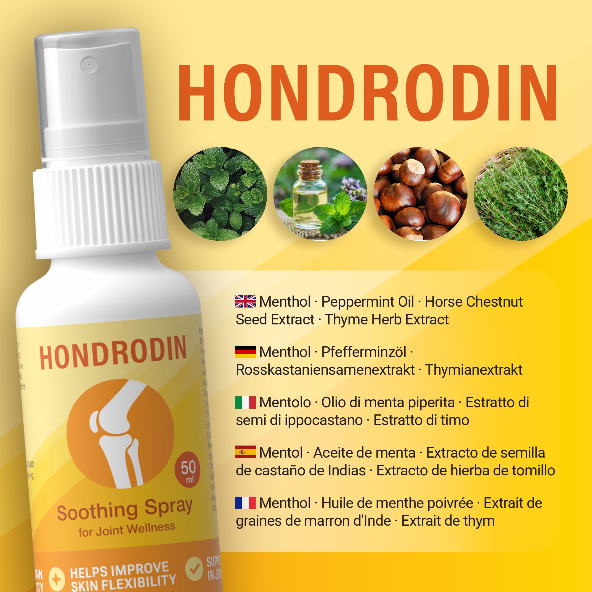 HONDRODIN Joint Health Spray 50 ml, spray massaggiante per zone articolari, supporta il comfort della pelle, aiuta a mantenere l'elasticità e la flessibilità cutanea, assorbimento rapido