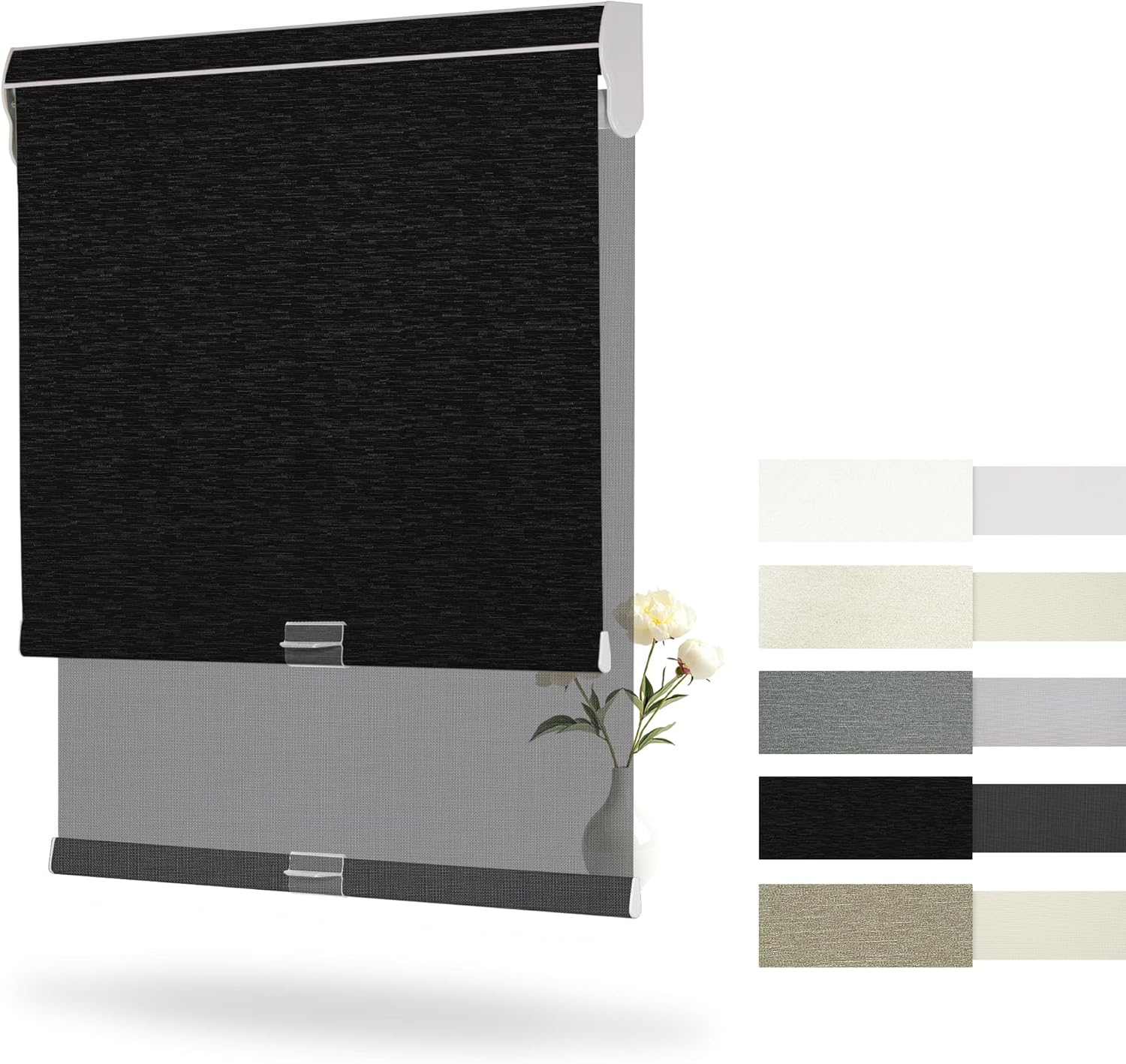 Boolegon Cordless Dual Roller Shades, Double Window Shades Similar-Colors with Valance, Blackout and Light Filtering, Day and Night Roller Blinds for Home, Jacquard Black and Black, Custom Size