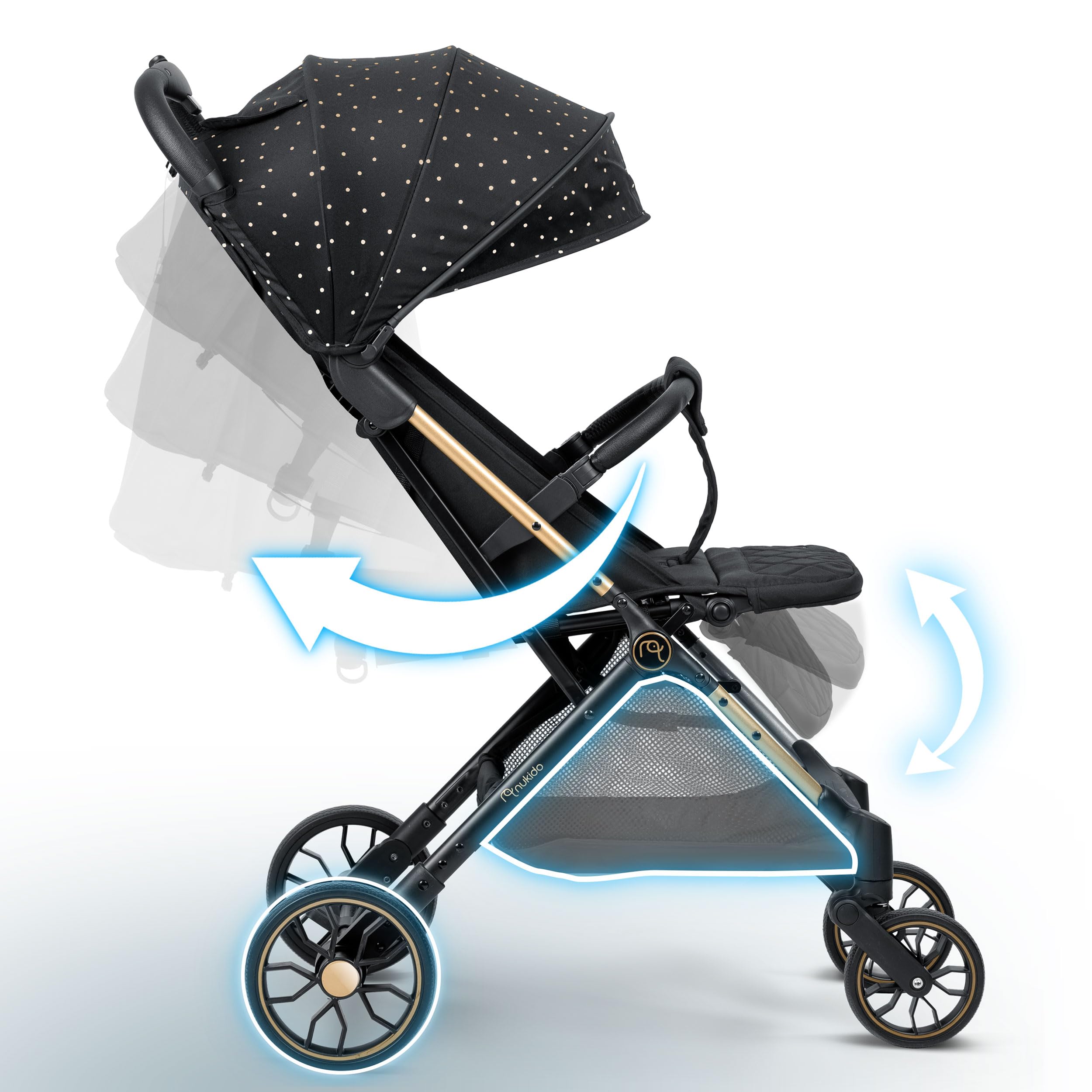 Nukido Silla De Paseo para Bebé con Bolsa De Transporte 0-36 Meses 0-15 kg Plegado Automático En 2 Segundos Ruedas De 360° con Amortiguación Grandes Ruedas Todoterreno Negro Oro Paseo