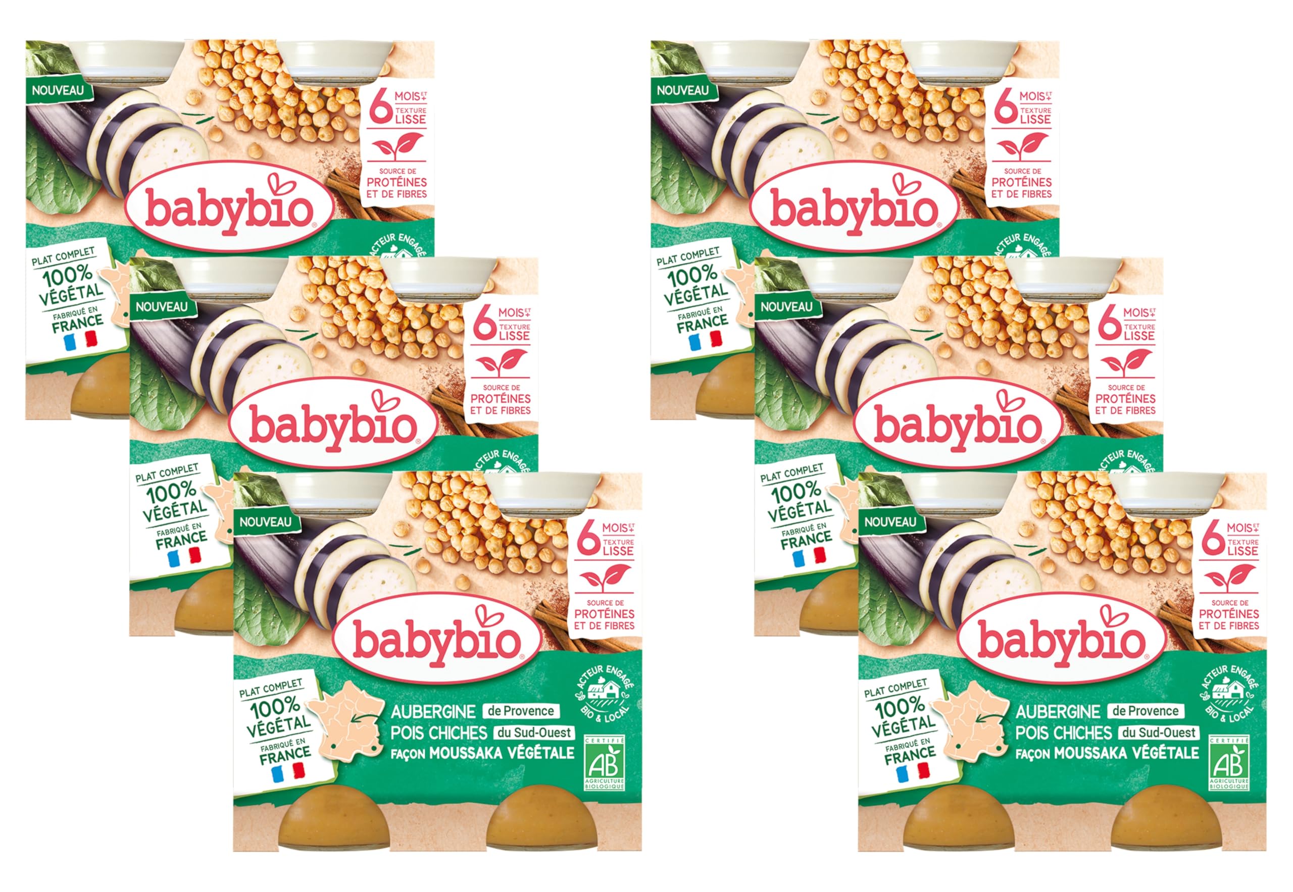 BABYBIO - Petits pots - Moussaka végétale - Aubergines Pois chiches Tomates - 6+ mois - 2 x 200g - BIO - Lot de 6