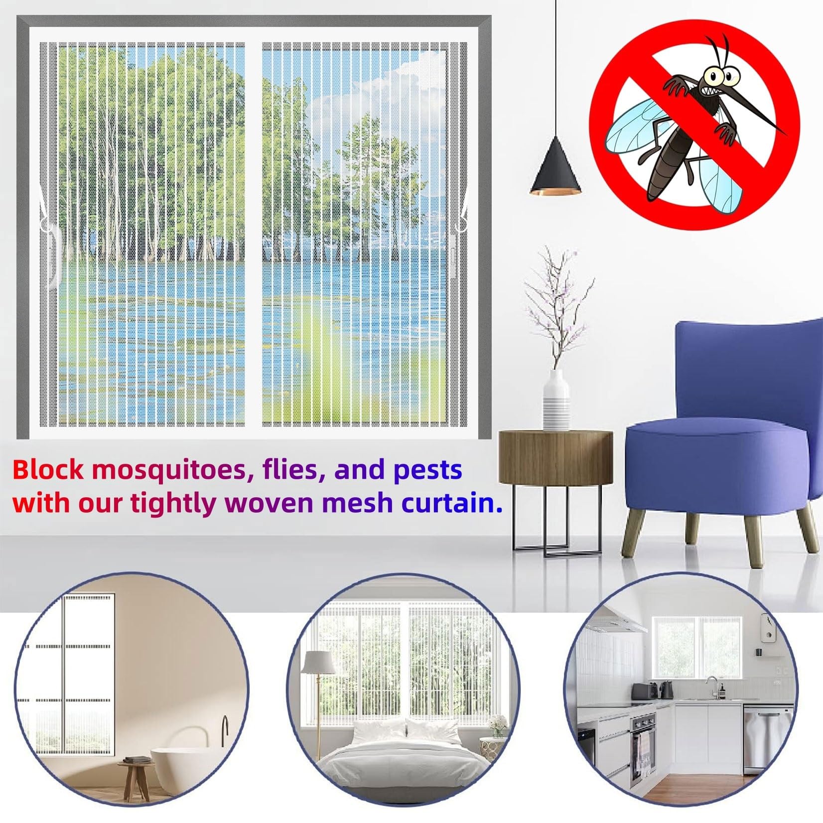 Fliegengitter Fenster Magnet 158 x 166 cm (Anpassbar) Stärkere Magneten, Magnet-Verschluss Insektenschutz Vorhang mit Selbstklebendes Klettband für Balkontür Terrassentür, Weiß