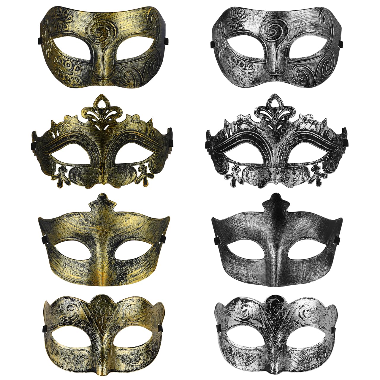 Amosfun 8pcs Masquerade Masks - Vintage Antique Venetian Masks for Women, Men, Halloween, Carnival, Mardi Gras Party Costume Props (Gold+Silver)