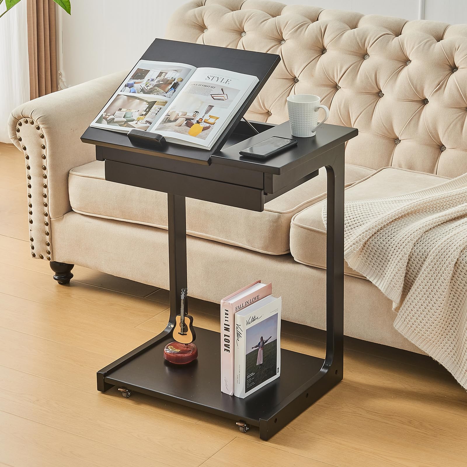 Uniclinens C Shaped End Table for Couch, Rolling Side Table with Wheels Adjustable, Solid Wood TV Sofa Arm Eating Tray Table for Multi-Purpose, Small Coffee Table Living Room Bedroom, Black