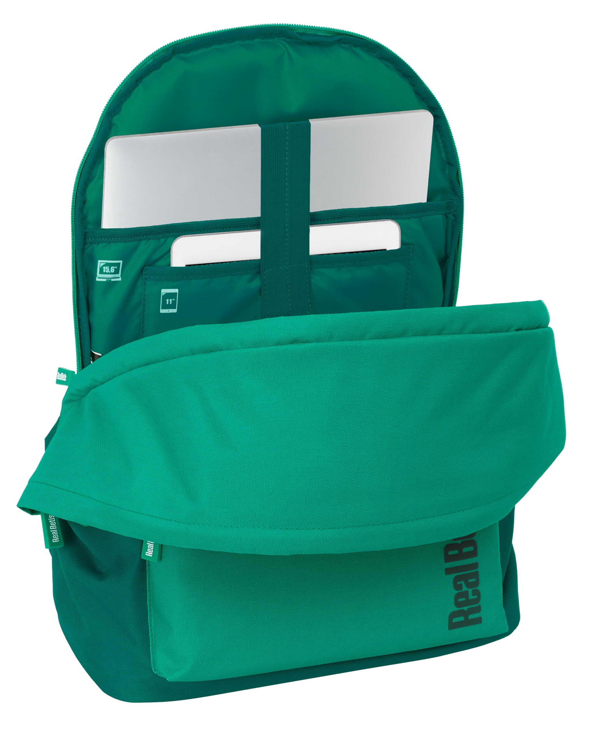 Safta REAL BETIS BALOMPIÉ - Plecak na laptopa 15,6" i USB, idealny dla młodzieży w różnym wieku, tkanina z recyklingu, wygodny i wszechstronny, jakość i wytrzymałość, 31 x 18 x 44 cm, Woda zielona, M