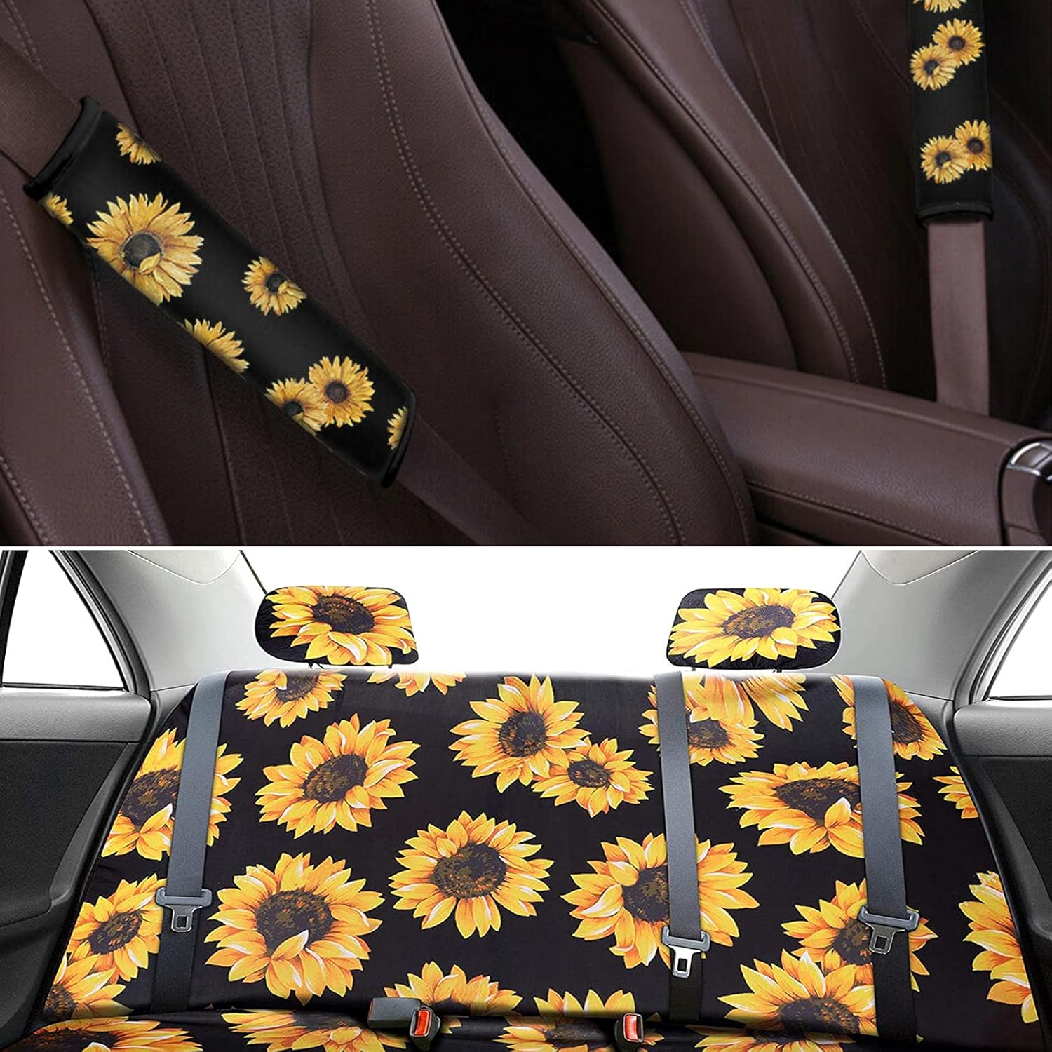 Sunflower Car Accessories Set 23pcs Car Sunflower Steering Wheel Cover,Seat Covers, Seat Belt Covers,Center Console Armrest Pad,Cup Holder Coaster,Keychain, Lanyard,Vent Decor
