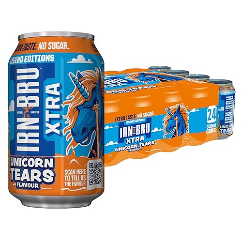 IRN-BRU XTRA Unicorn Tears Limited Edition Flavour, 24 Pack No Sugar & Zero Calorie Fizzy Drinks Multipack Cans with XTRA Taste - 24 x 330ml Cans