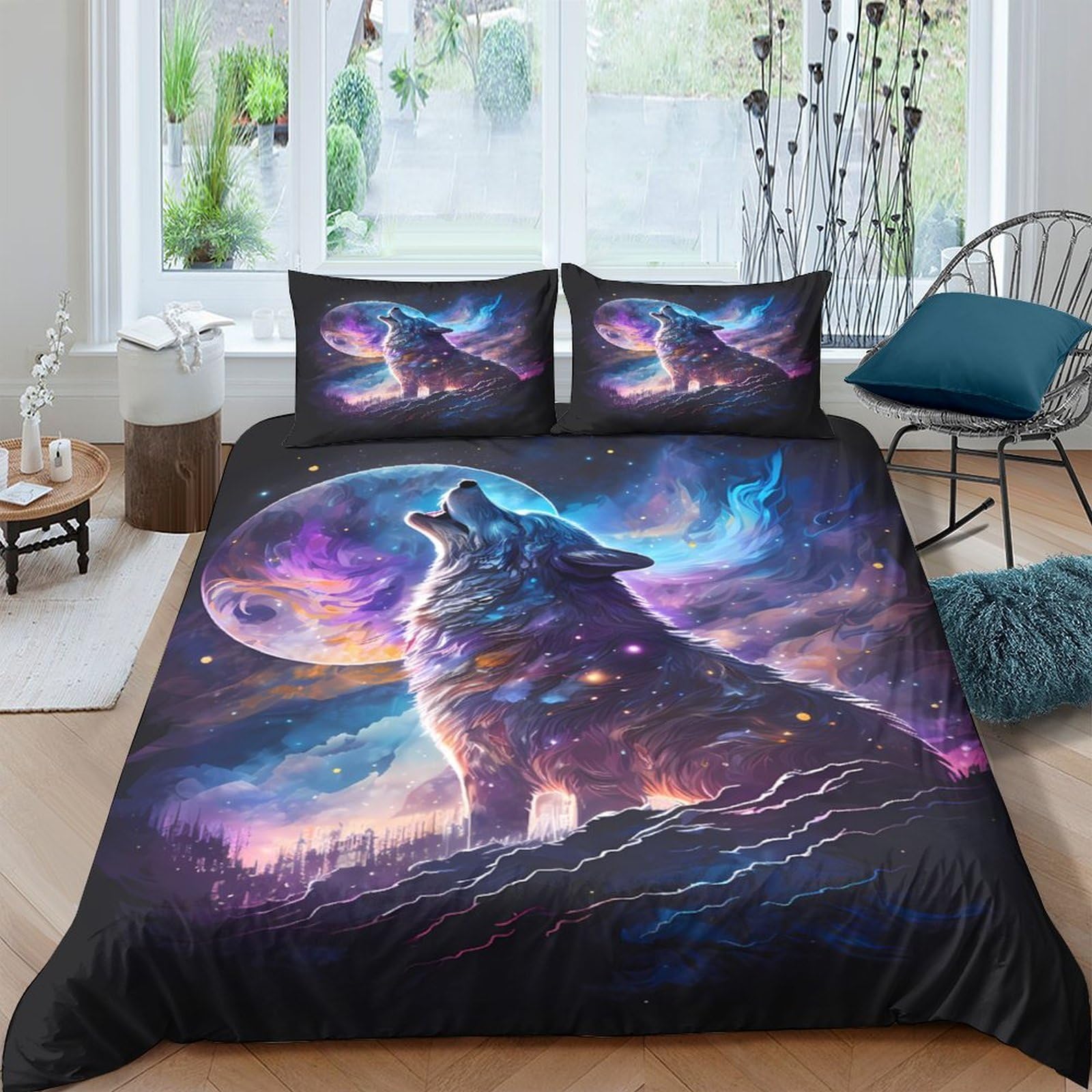 P5V6M1Q9 3D Printed Wolf Moon Duvet Cover Microfiber Soft Breathable Cosmic Night Bedding Set with 2 Pillowcases for Bedroom Decor Single（135x200cm）