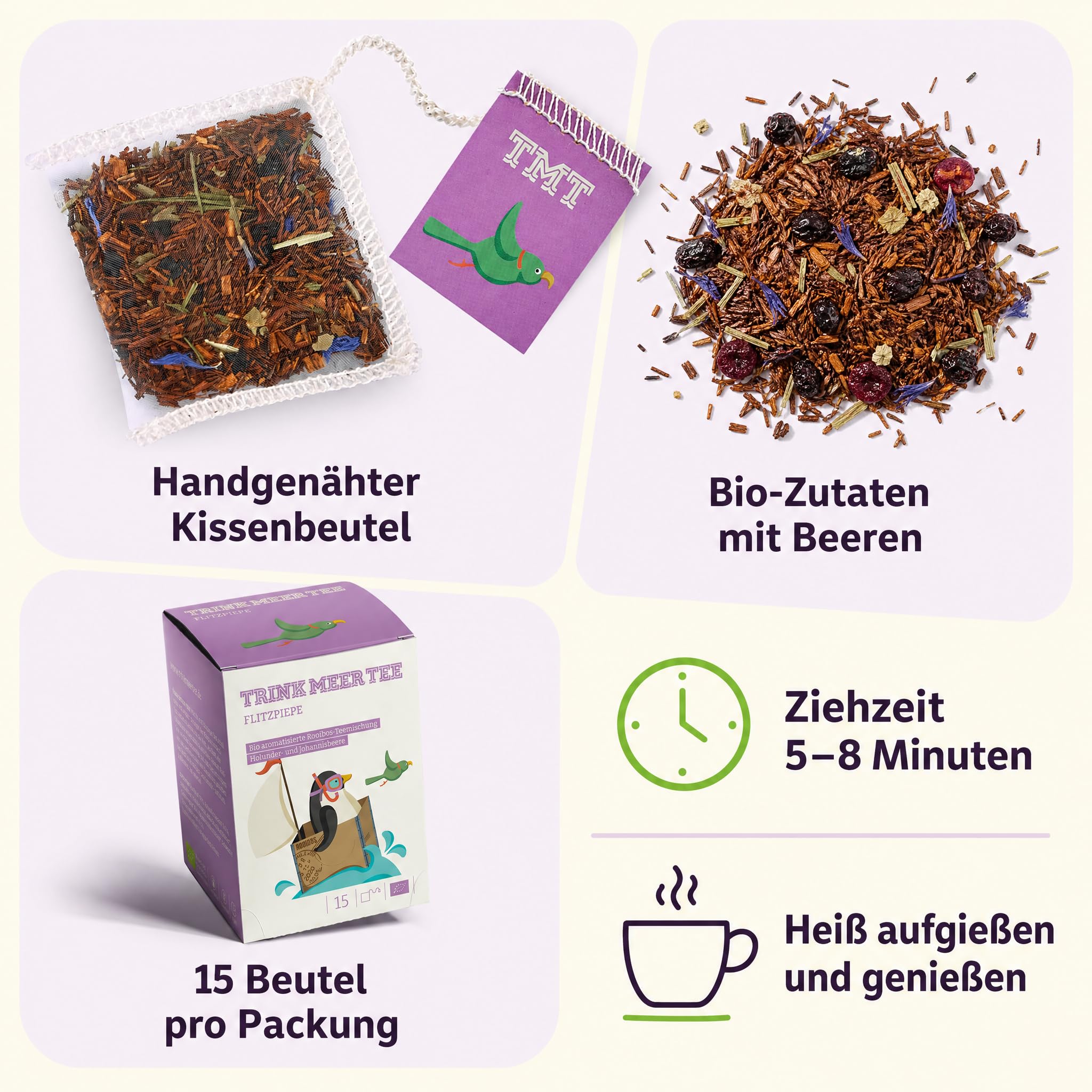 6 x Trink Meer Tee Flitzpiepe, Premium Rooibos Tee, 6x15 Kissenbeutel | Koffeinfreier Premium Früchtetee mit Holunder und Johannisbeere – vegan, glutenfrei, laktosefrei, für jeden Moment