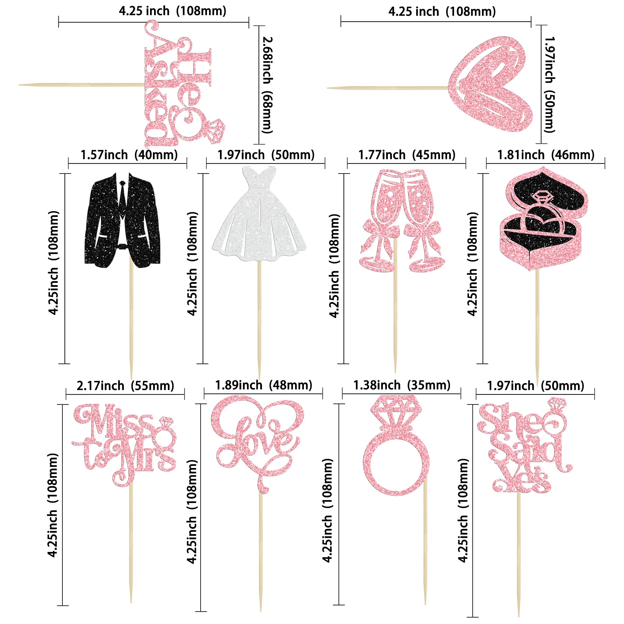 Gyufise 30Pcs She Said Yes Cupcake Toppers Glitter Diamond Ring I Do Love Cupcake Picks Miss to Mrs He Asked Bridal Shower Wedding Engagement Bachelorette Cake Decoration Pink - Image 2