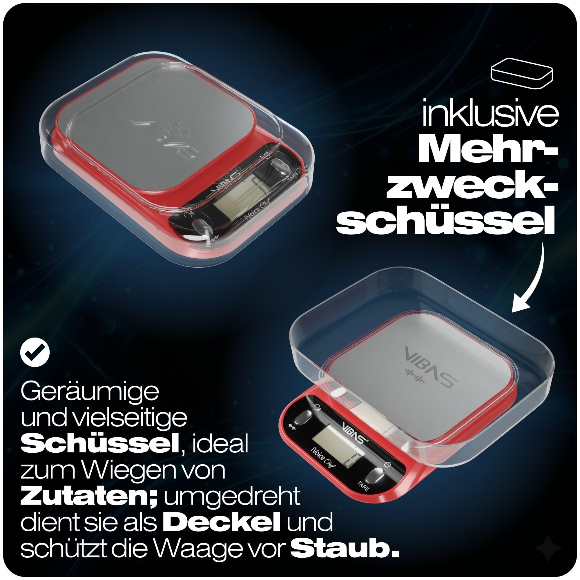 Sprechende Küchenwaage VIBAS iVoice Chef mit Schüssel, für Sehbehinderte und Senioren, 5 Sprachen, akustische Signale, Gewichtswiederholung, einstellbare Lautstärke, 10 kg, Batterien inklusive