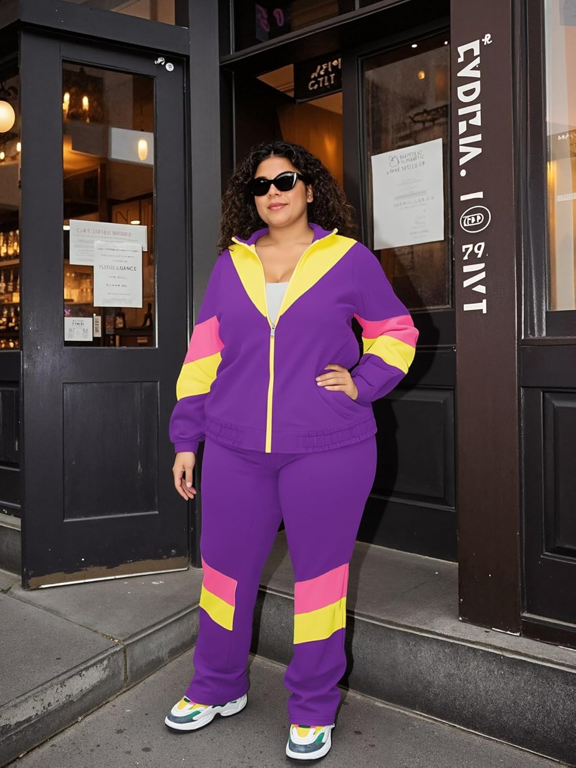 UOUA Plus Size 80s Outfit for Women 90s Costume Long Sleeves Windbreaker 2 Piece Party Tracksuit - Image 2