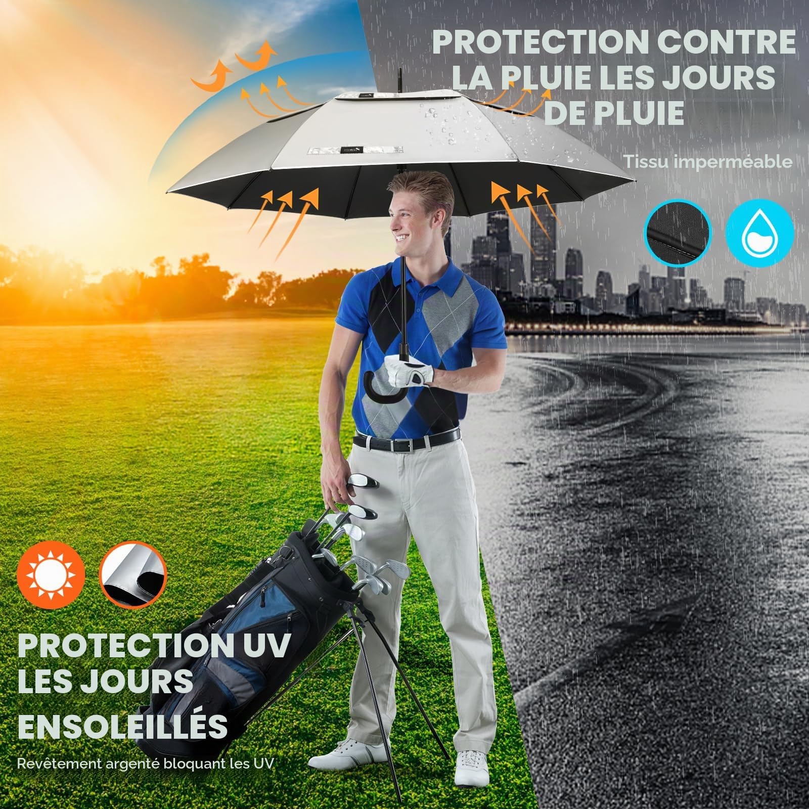 ZOMAKE Grand parapluie de golf anti-vent auto-ouvert avec poignée en J pour femmes enceintes, personnes âgées et enfants Argenté et noir 54 pouces
