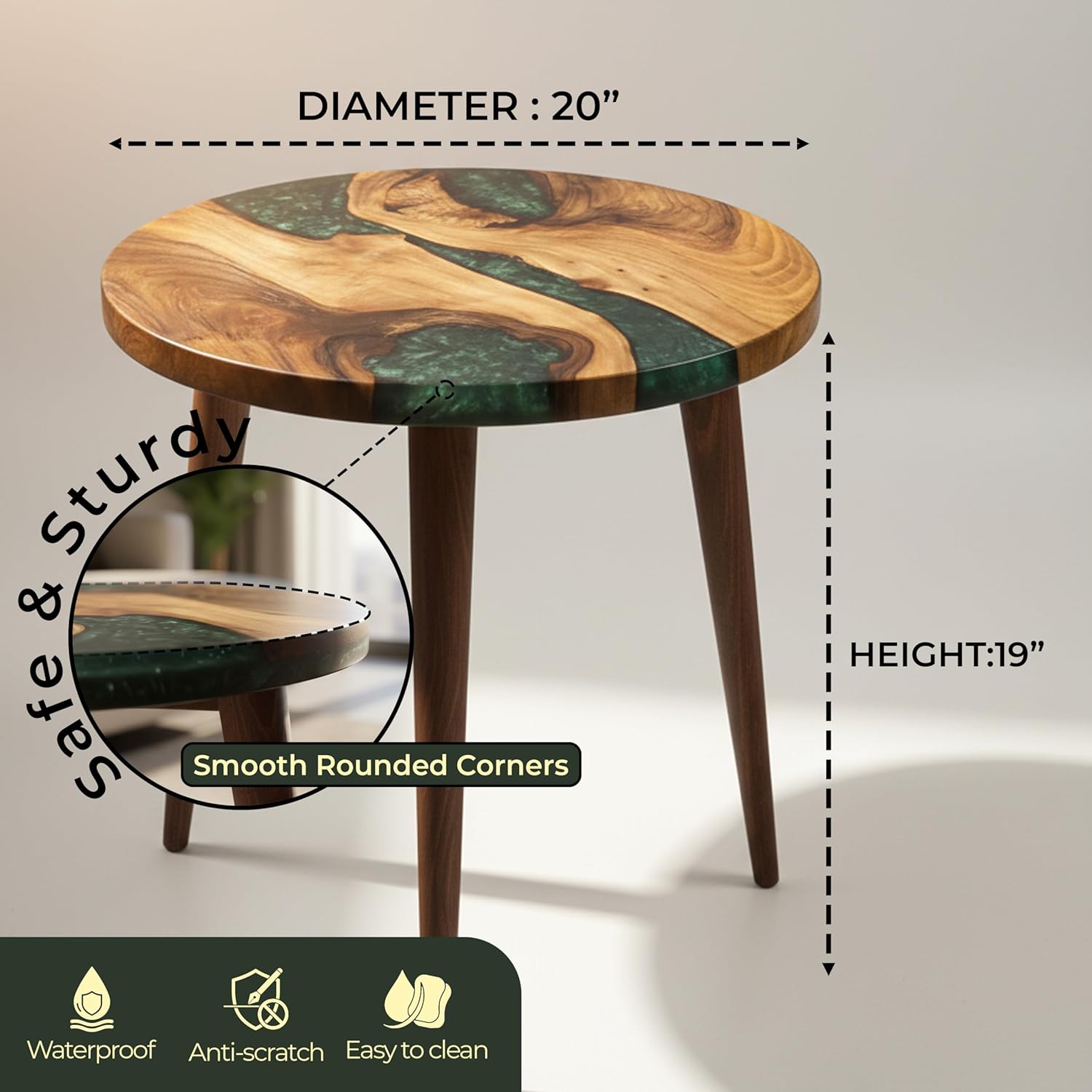20" Resin Walnut Round Side Table | Epoxy End Table | Coffee Table | Mid Century Modern Resin Walnut | Living Room Furniture | Green Color