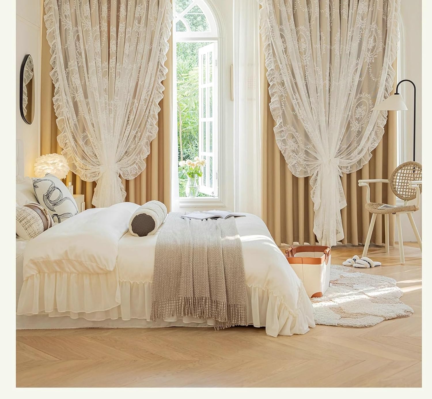 Blackout Thermal Curtains 2 Panels Set 52 inch Long, Window Blackout Curtains Hook Double Layer Embroidered Flowers with Ruffles Window Treatment for Living Room Beige, 42 x 52 Inch