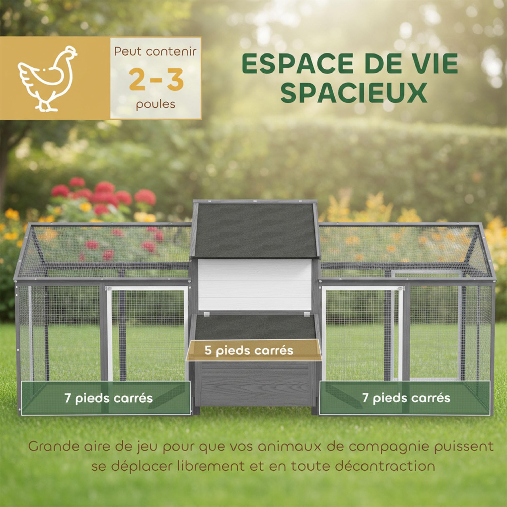 PawHut Poulailler en Bois avec pondoir 247 x 118 x 113,5 cm Gris