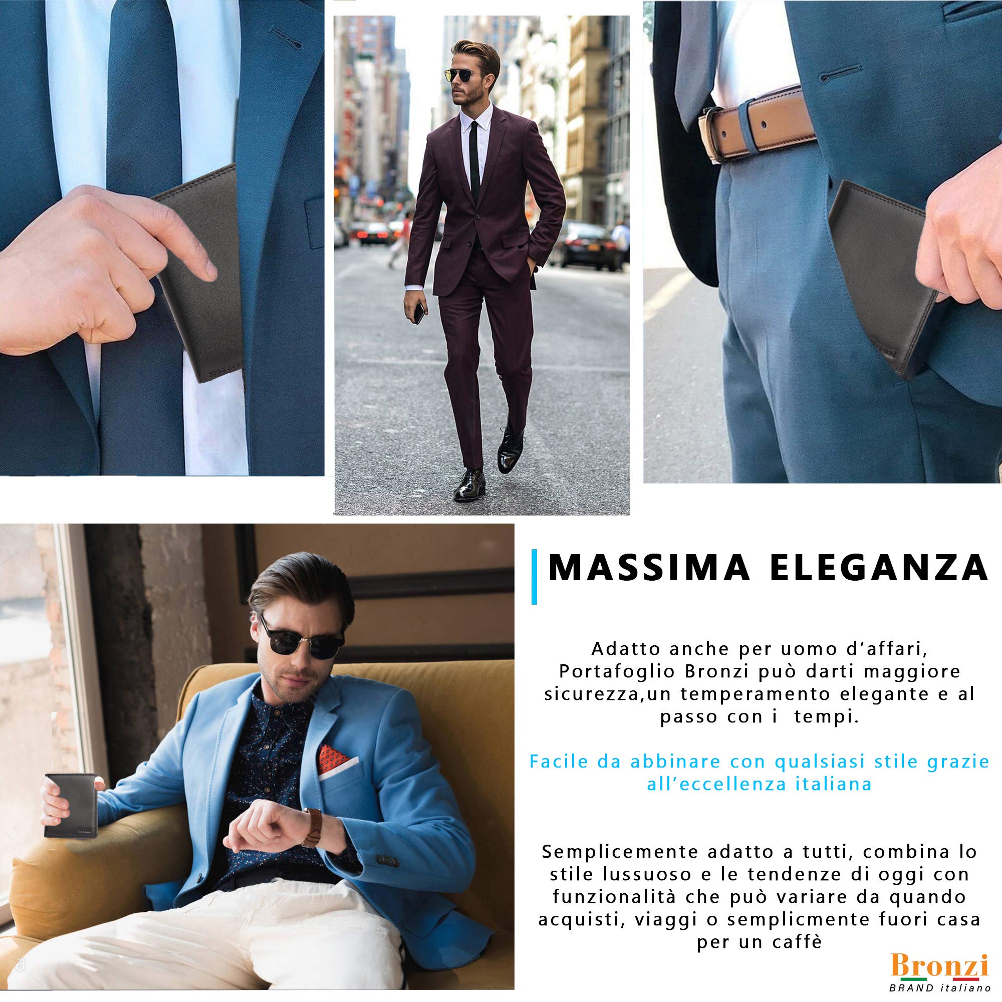 Bronzi Portafoglio Uomo Slim Sottile Elegante - Mini Porta Tessere Porta Documenti Porta Carte Di Credito Blocco RFID - Nero Pelle Alta Qualità - Design Italiano - I Regalo