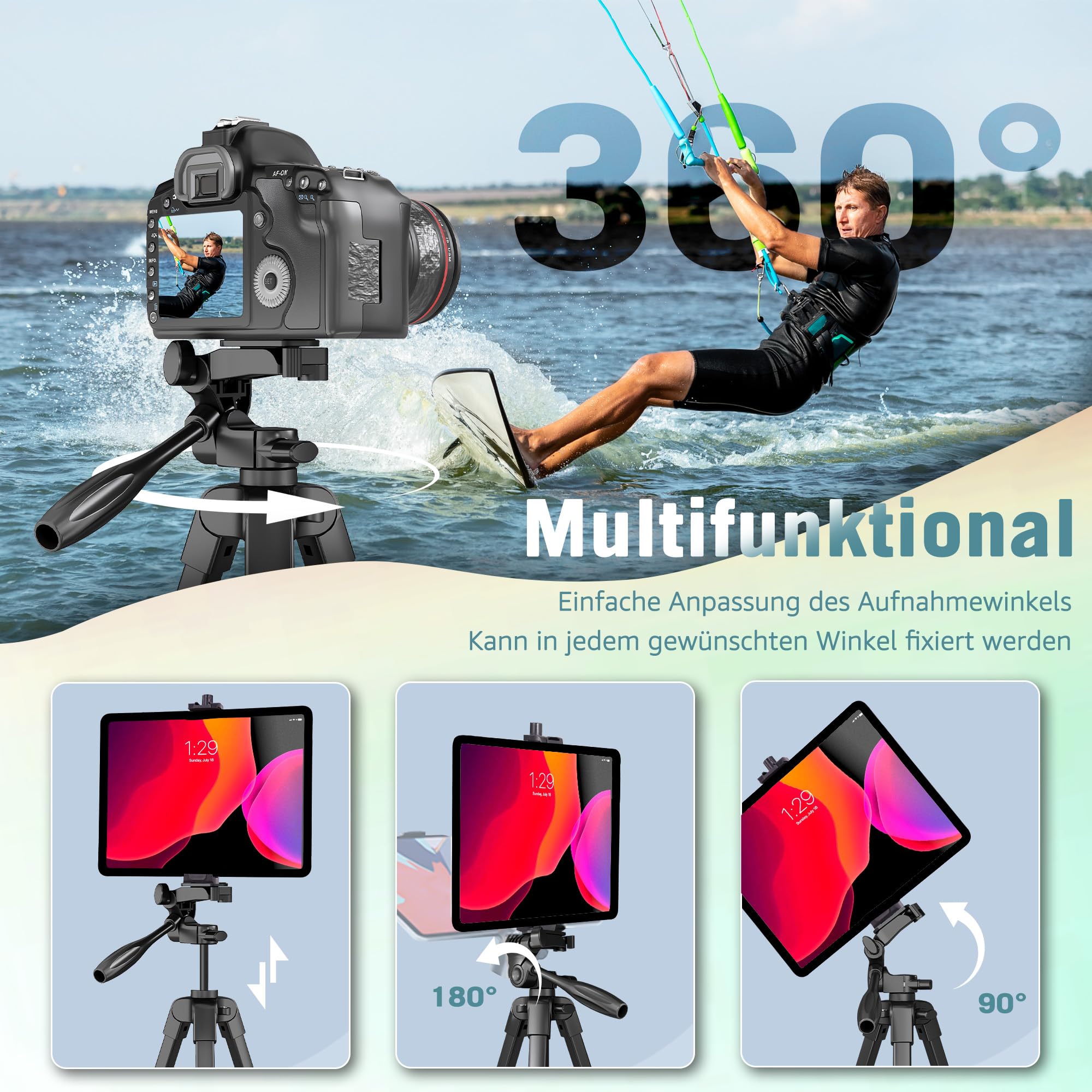 Stativ, Lusweimi 166 cm Kamerastativ für iPad Pro & iPhone Kompatibel mit Tablet(Landschaft)/iPad Pro 13"/Webcam/Videokamera, iPad Pro Stativ mit Fernbedienung & Tasche für Vlog/Video/Fotografie