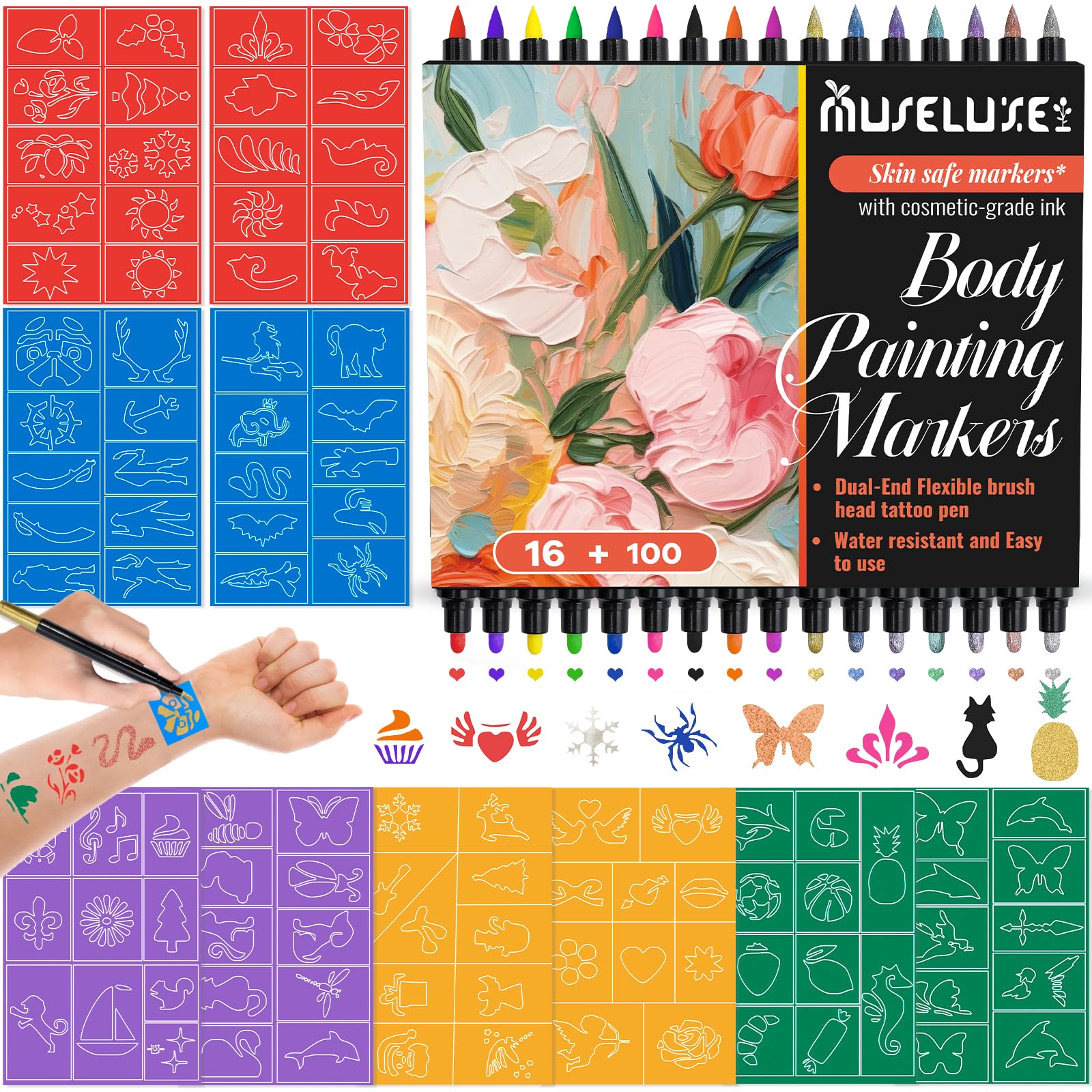 Temporary Tattoos Pens, 16 Dual-Ended Tattoo Pens for Kids(9 Classic + 7 Matte Colors), 100 Tattoo Stencils, Skin-Safe