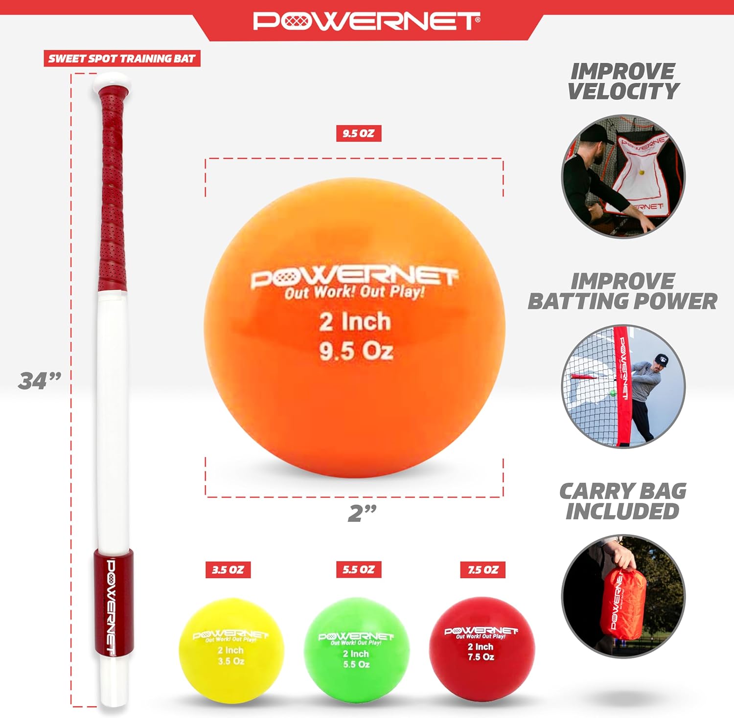 PowerNet Corbin Carroll Sweet Spot Training Bat + 2" Progressive Micro Ball 12 Pack Complete Bundle for Baseball Softball, 3.5-9.5oz, Hand-Eye Coordination, Undersized