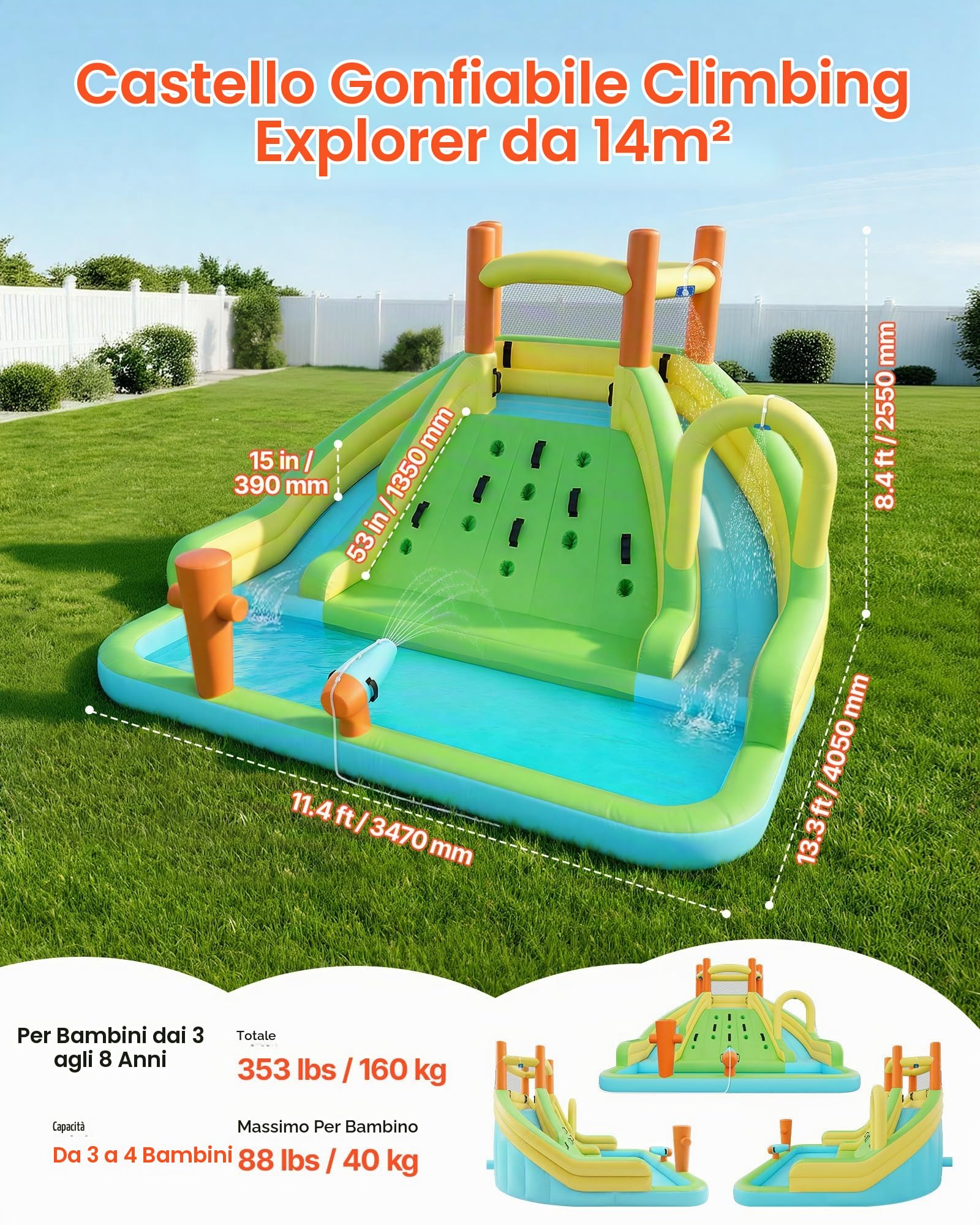 VEVOR Castello Gonfiabile Parco Acquatico per Bambini 405 x 347 x 255 cm da Esterno, Castello Gonfiabile con 2 Scivoli Parete da Arrampicata Capienza 3-4 Bambini da 3-8 Anni Gioco d'Acqua