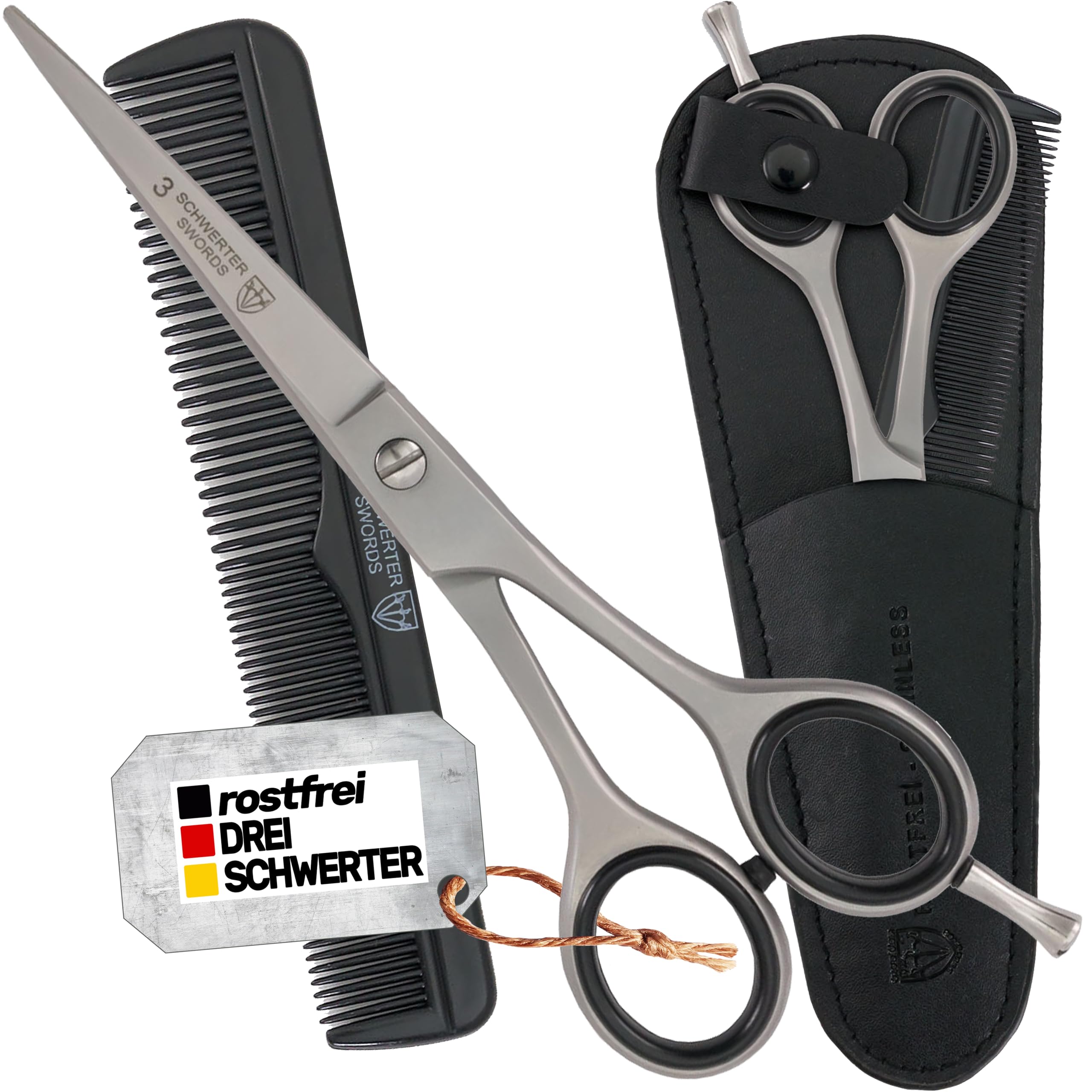DREI SCHWERTER - Rostfreie professionelle Haarschere Friseurschere im Etui, NEU mit Kamm und Tuch