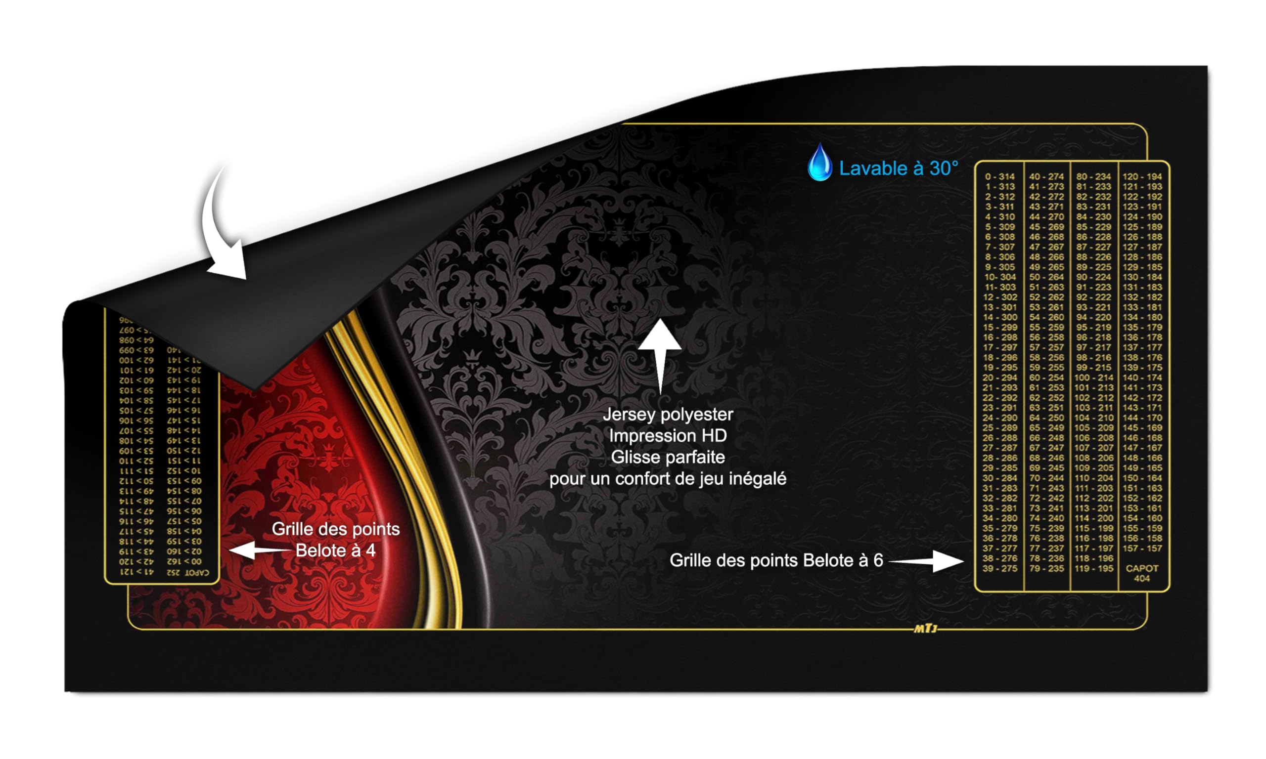 MTJ® Tapis de belote Prestige Design Noir 100 x 60 cm - Jersey néoprène - Fabriqué en France (Noir)