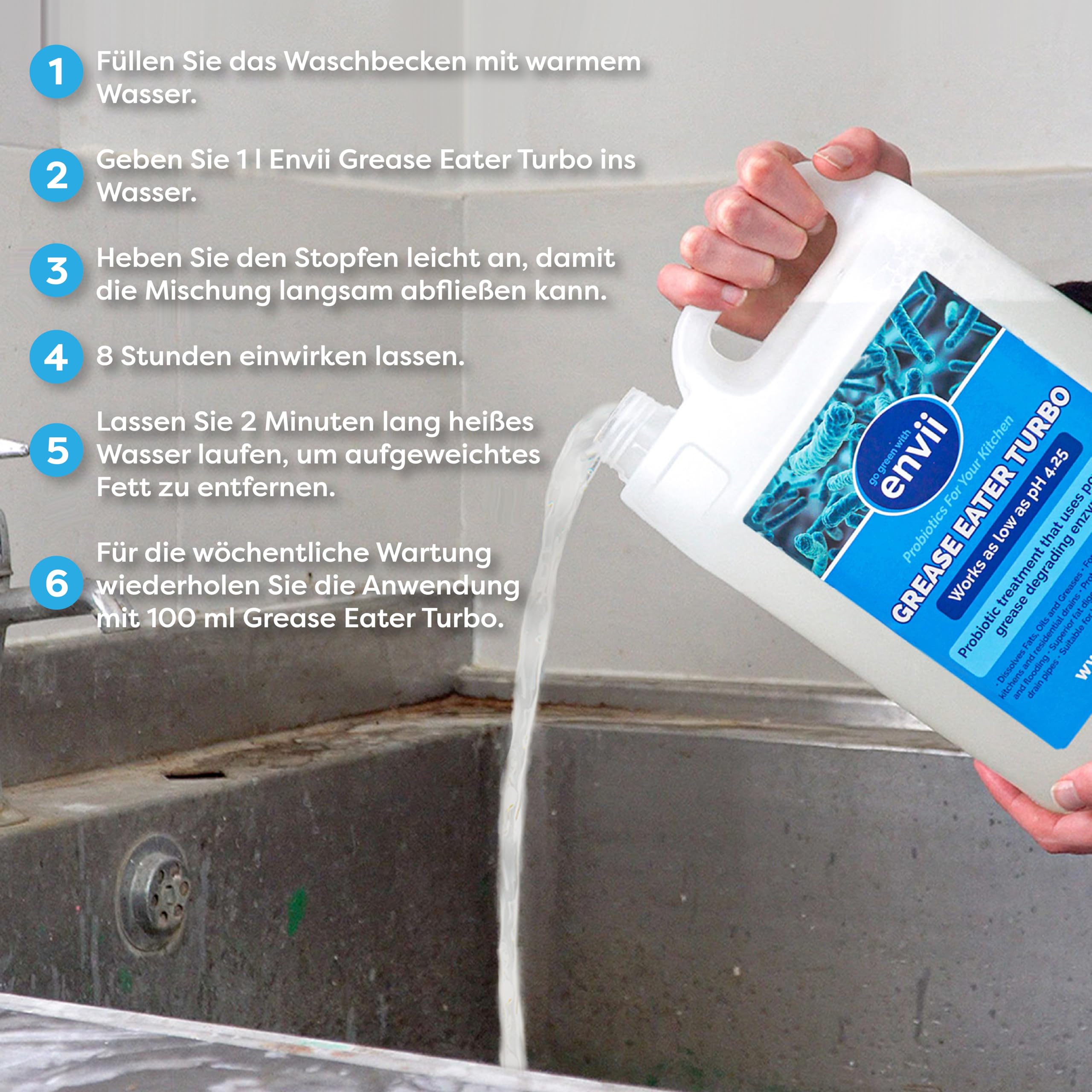 Grease Eater Turbo - Enzym Rohrreiniger 5L (5000ml) - Extra Starker Abflussreiniger gegen Fett, Öl & Essensreste - Profi Enzymreiniger für Küche, Waschbecken & Siphon - Kraftvoller Fettlöser