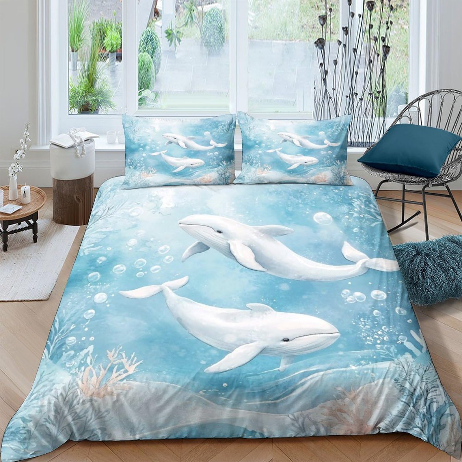 GPLZQXKJNH 3D Printed White Whale Ocean Duvet Cover Set Microfiber Soft Breathable Blue Sea Quilt Cover with 2 Pillowcases for Bedroom Single（135x200cm）