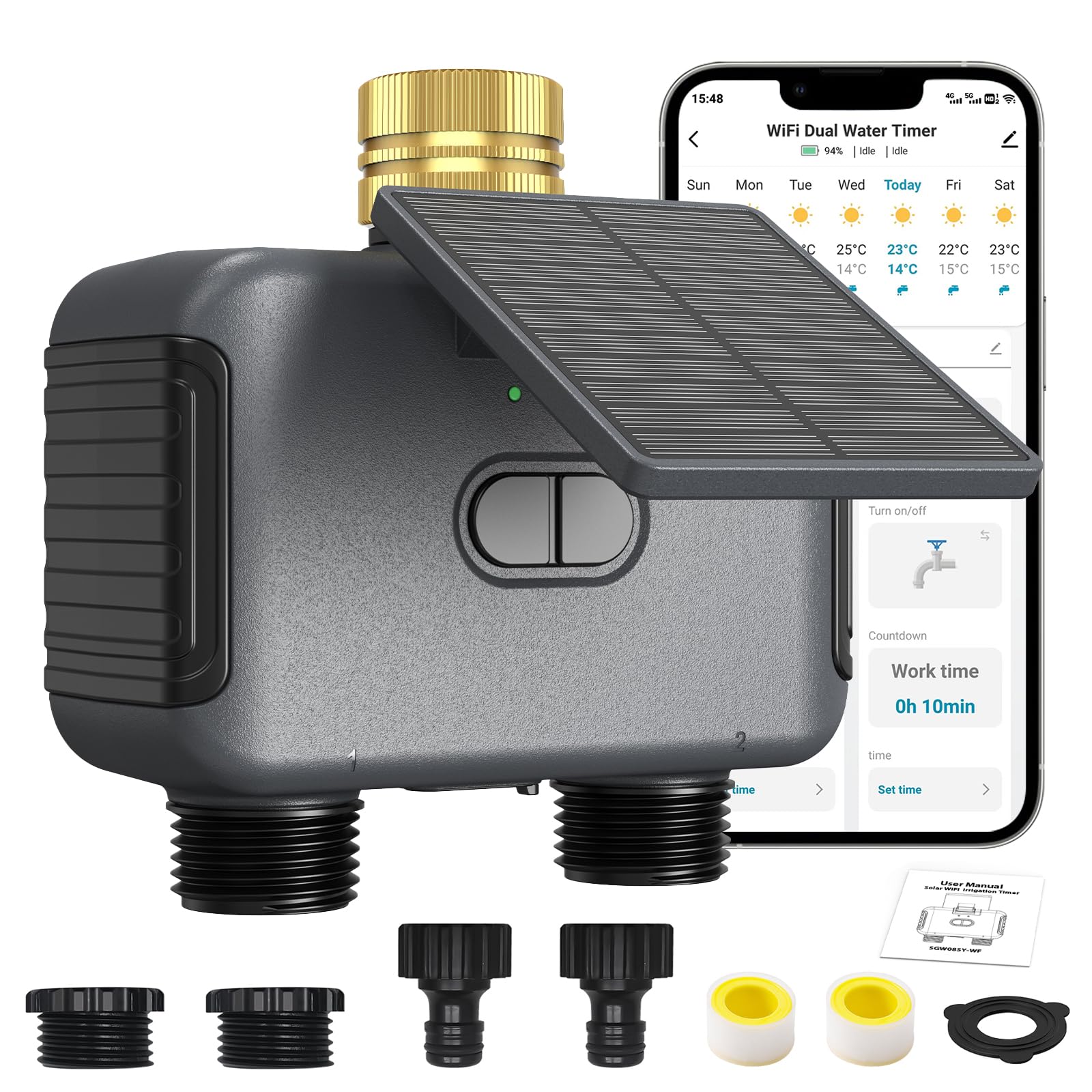 2-Zone Smart WiFi Water Timer, Solar Garden Hose Timer, 2000mAh Battery