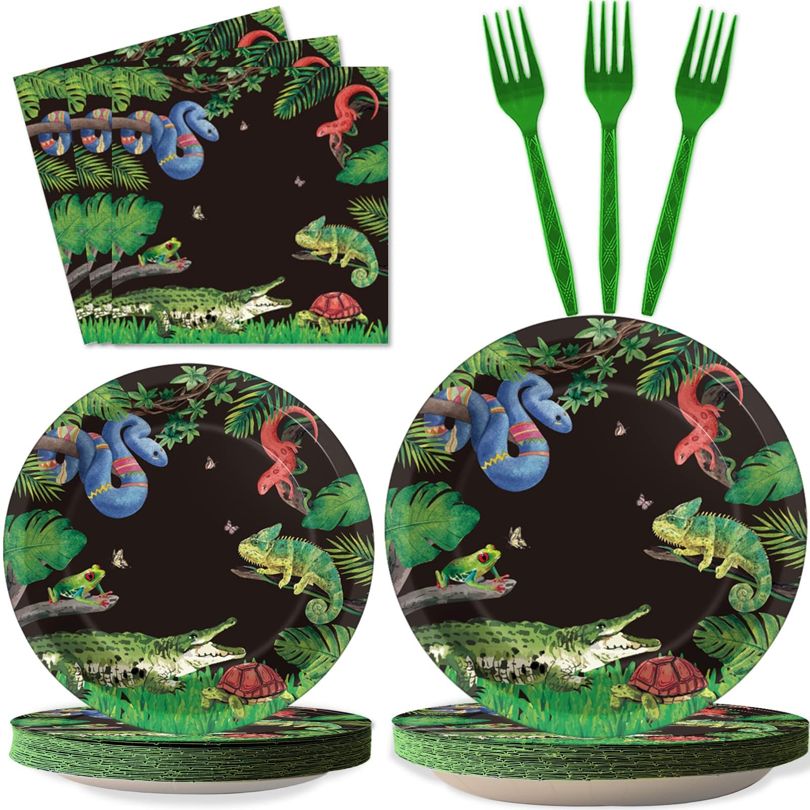 96 Pcs Reptile Snake Party Plates Napkins Tableware Set Lizard Birthday Party Supplies Disposable Paper Dinnerware Jungle Alligator Wildlife Theme