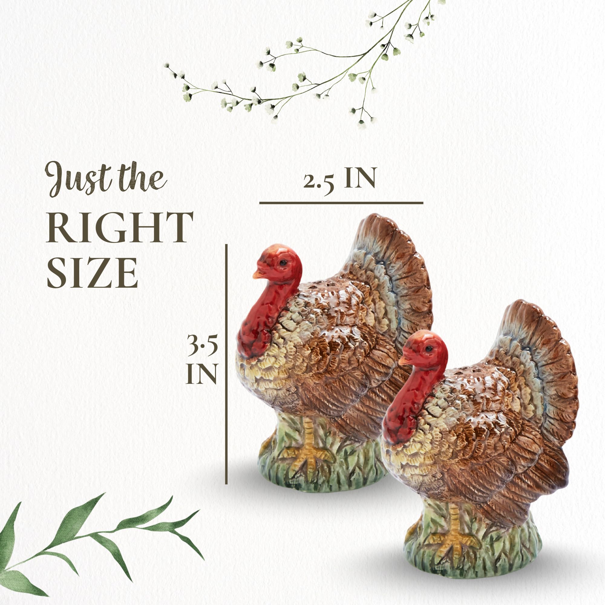 Spode Salero y pimentero en forma de pavo de 3.5 pulgadas, decoración de granja de cerámica dolomita para comedor formal, juego decorativo de sal y pimentero con tapones inferiores de fácil recarga,